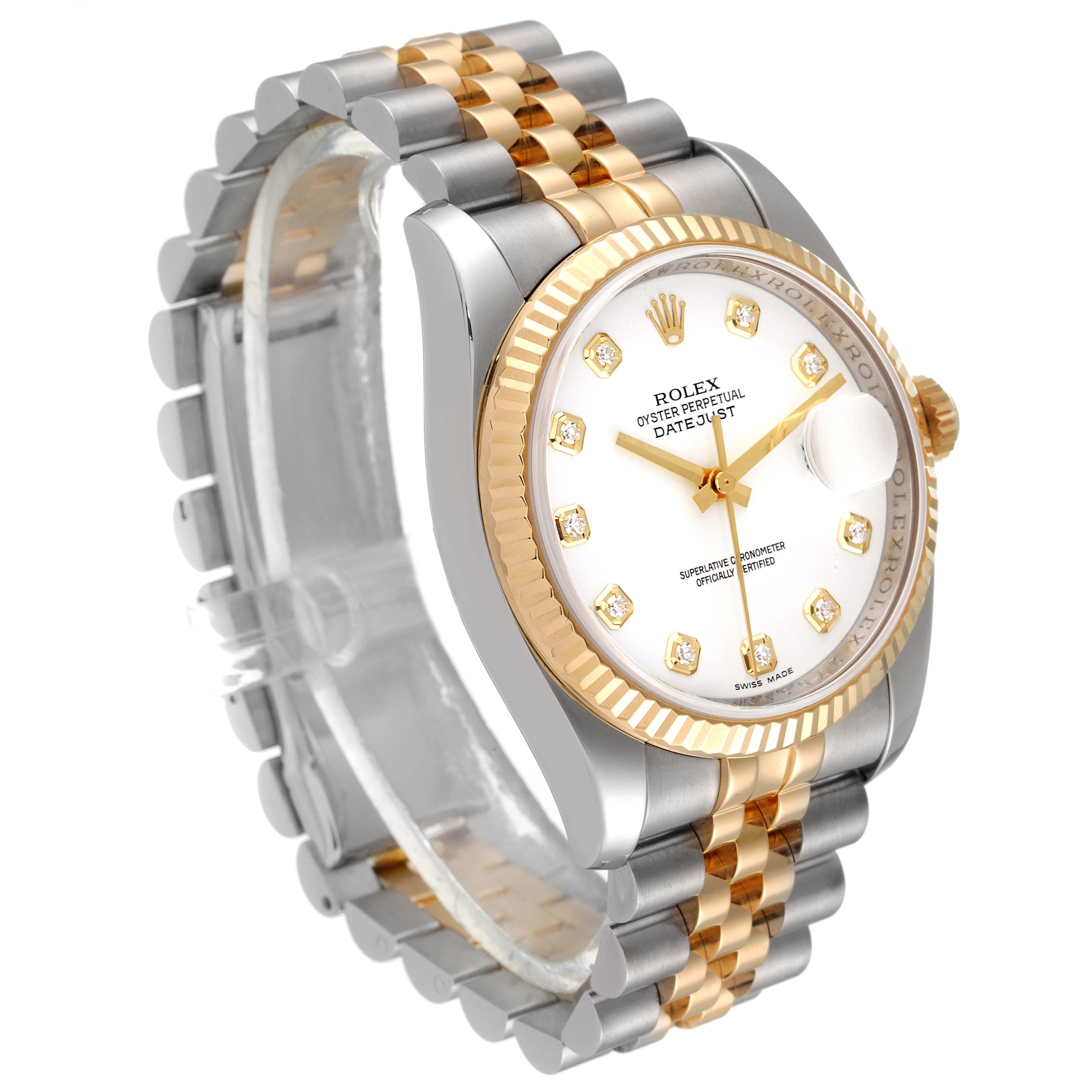 Rolex Datejust White Diamond Dial Steel Yellow Gold Mens Watch 116233