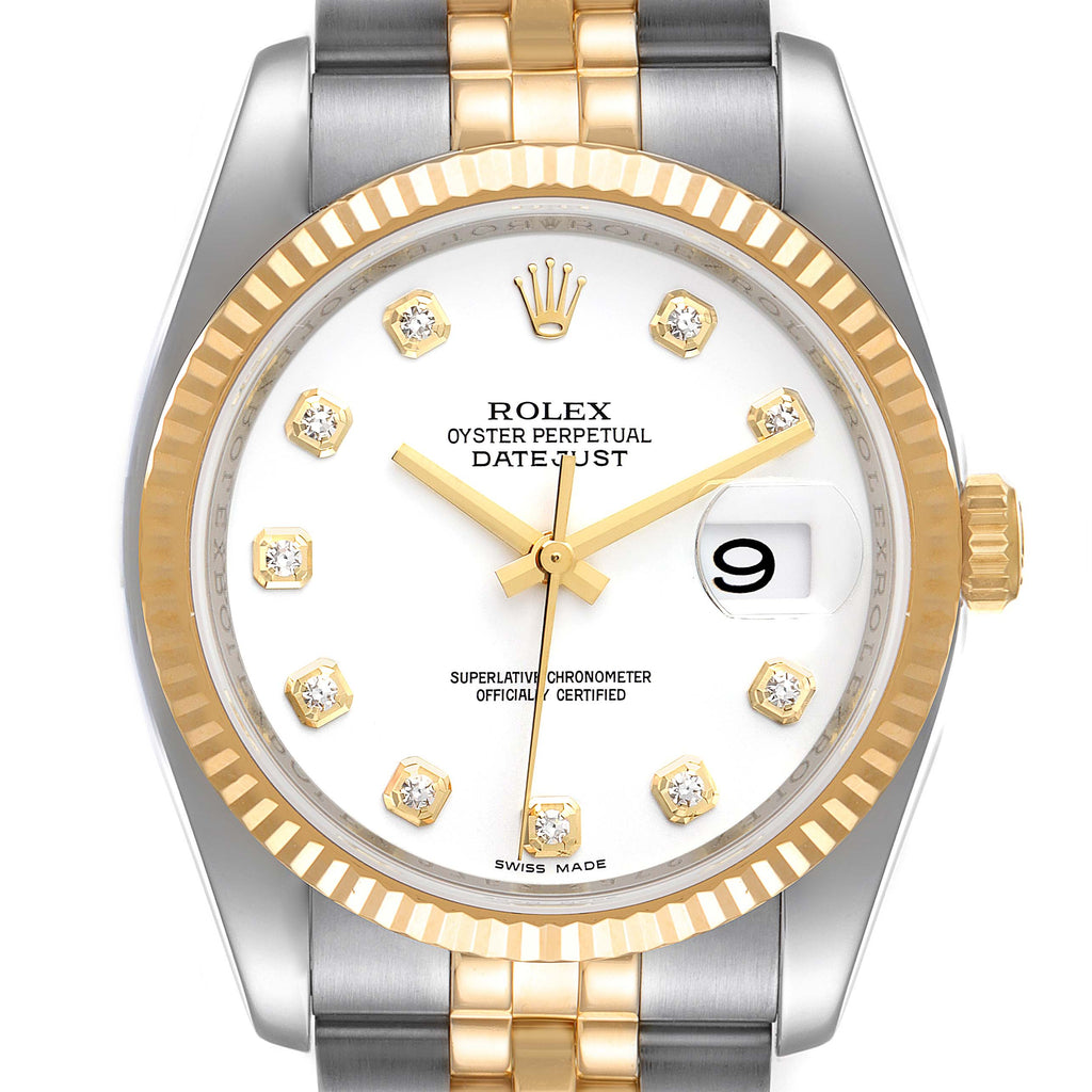 Rolex Datejust White Diamond Dial Steel Yellow Gold Mens Watch 116233