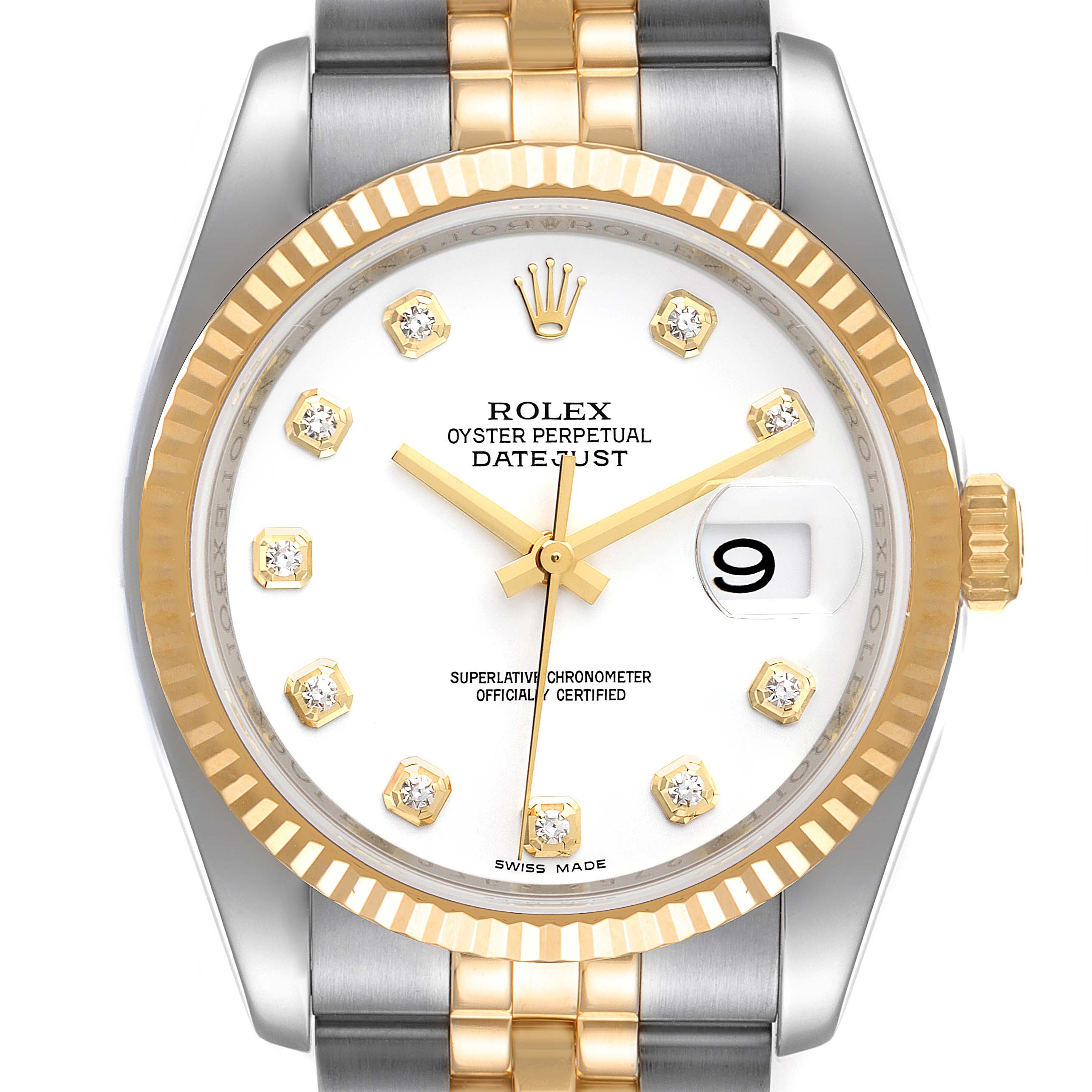 Rolex Datejust White Diamond Dial Steel Yellow Gold Mens Watch 116233