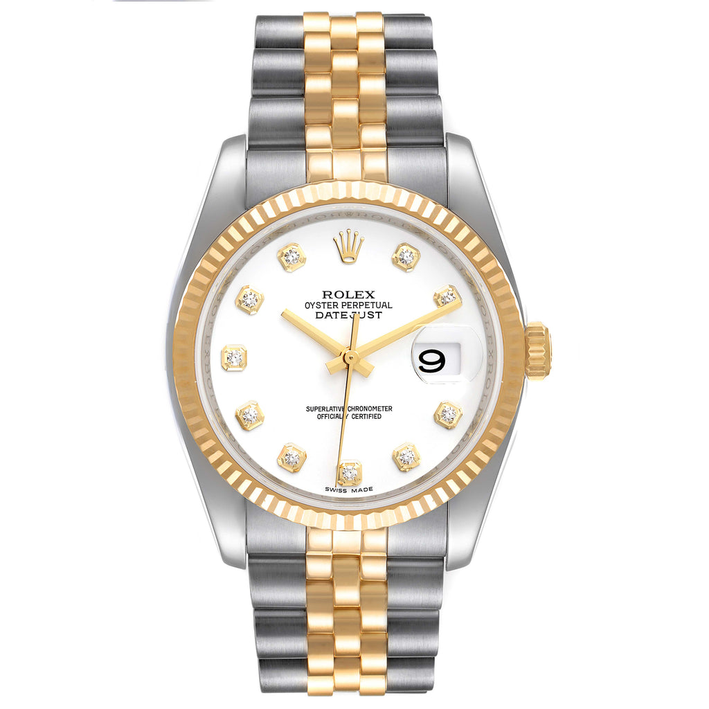 Rolex Datejust White Diamond Dial Steel Yellow Gold Mens Watch 116233