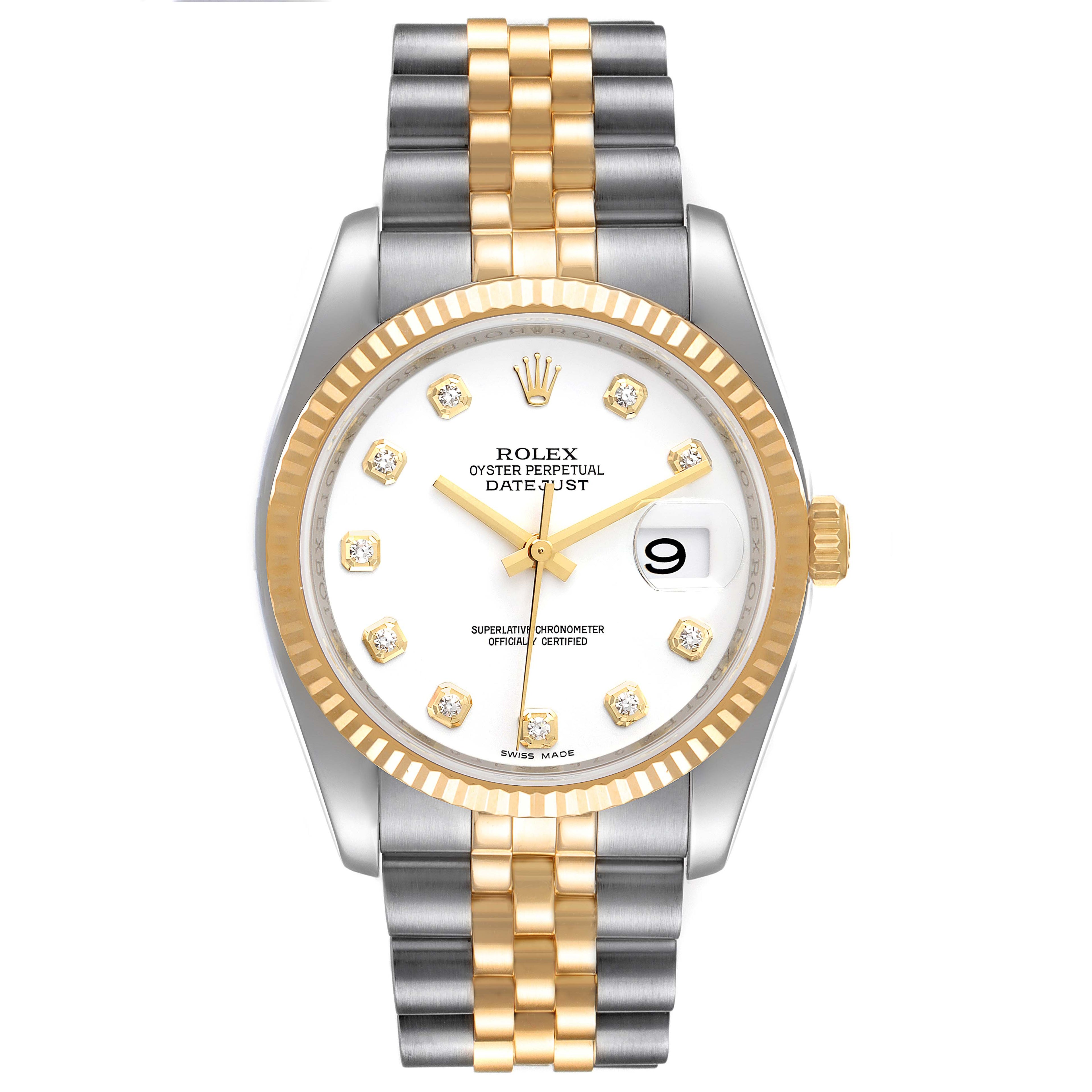 Rolex Datejust White Diamond Dial Steel Yellow Gold Mens Watch 116233