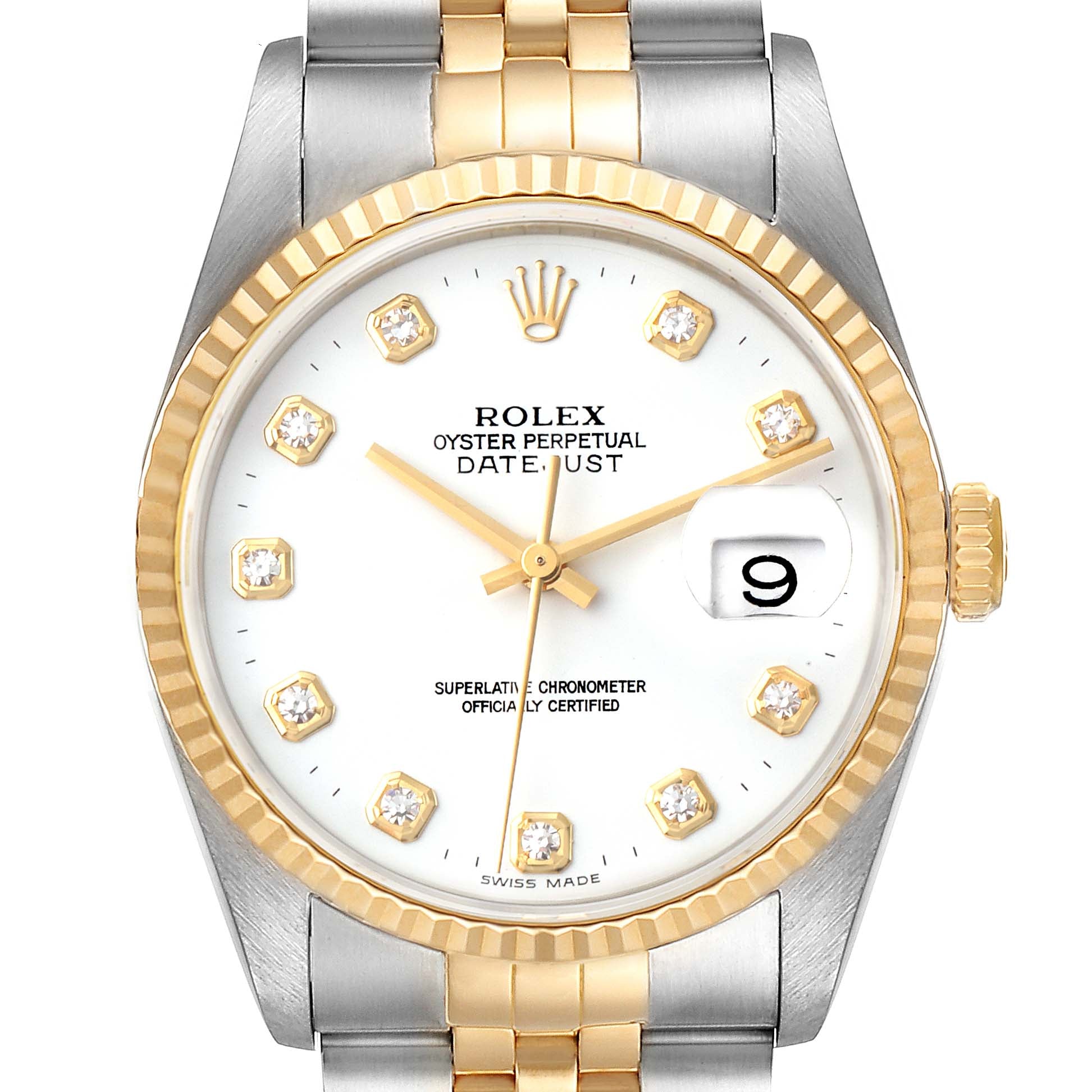 Rolex Datejust Steel Yellow Gold White Diamond Dial Watch 16233 Box Papers