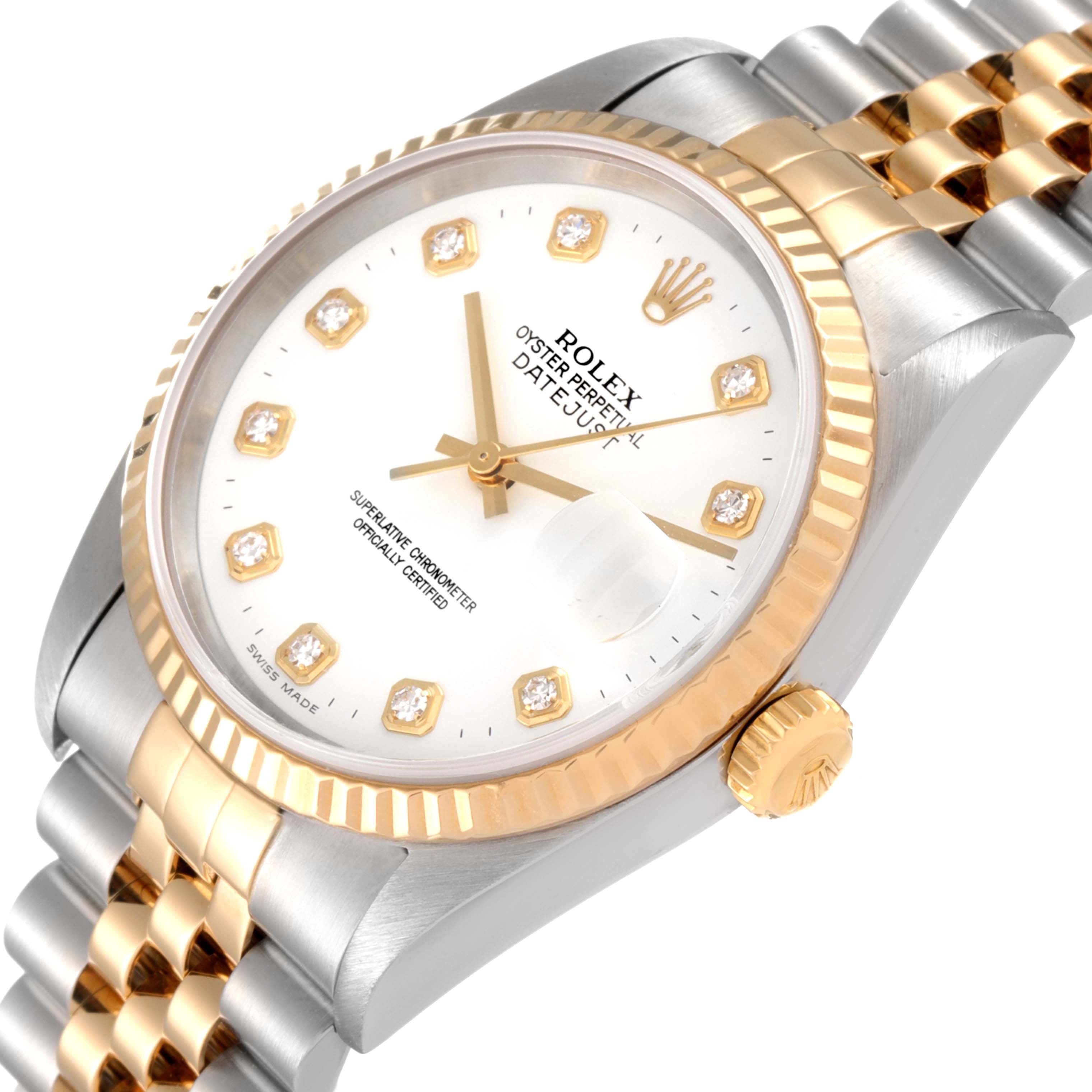 Rolex Datejust Steel Yellow Gold White Diamond Dial Watch 16233 Box Papers