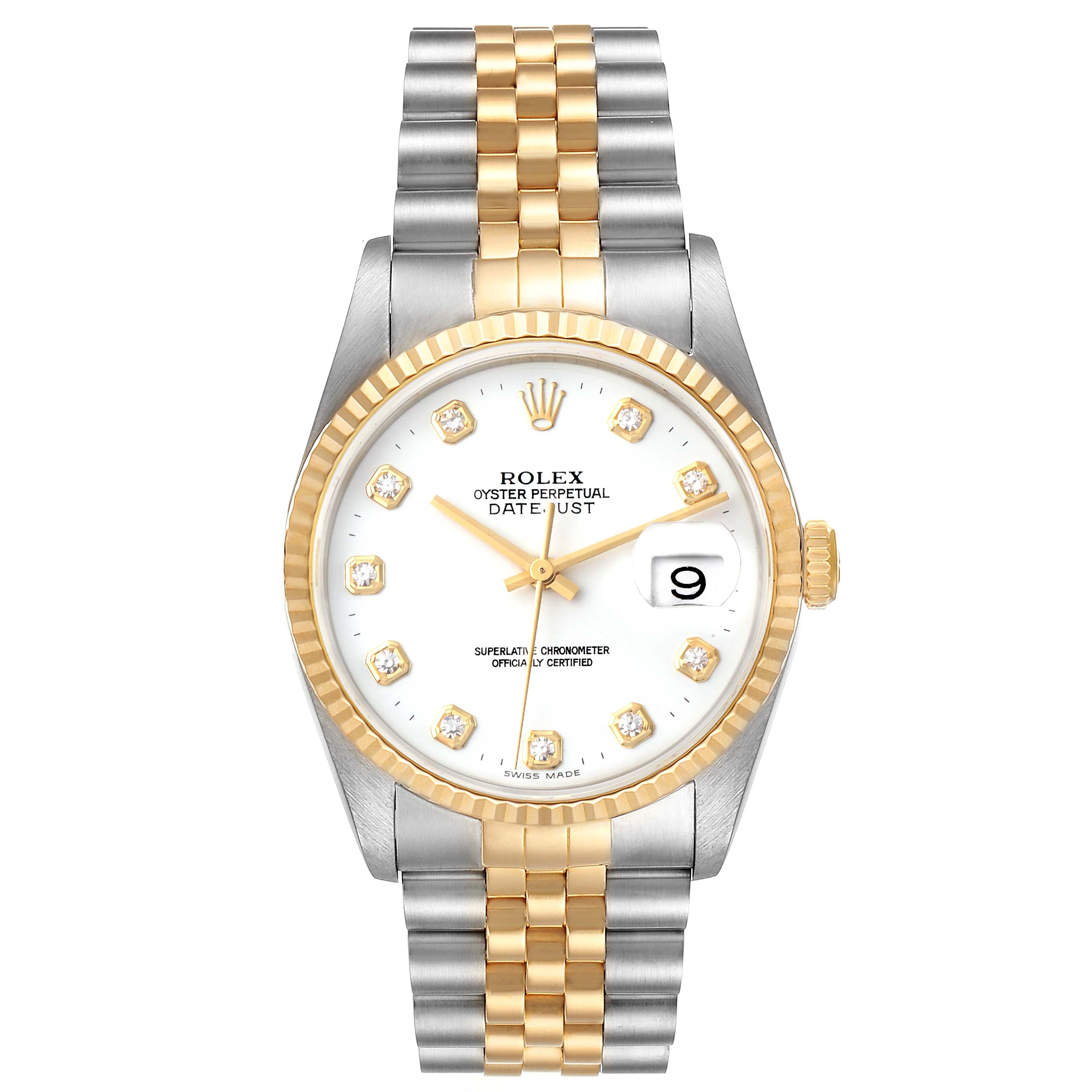 Rolex Datejust Steel Yellow Gold White Diamond Dial Watch 16233 Box Papers