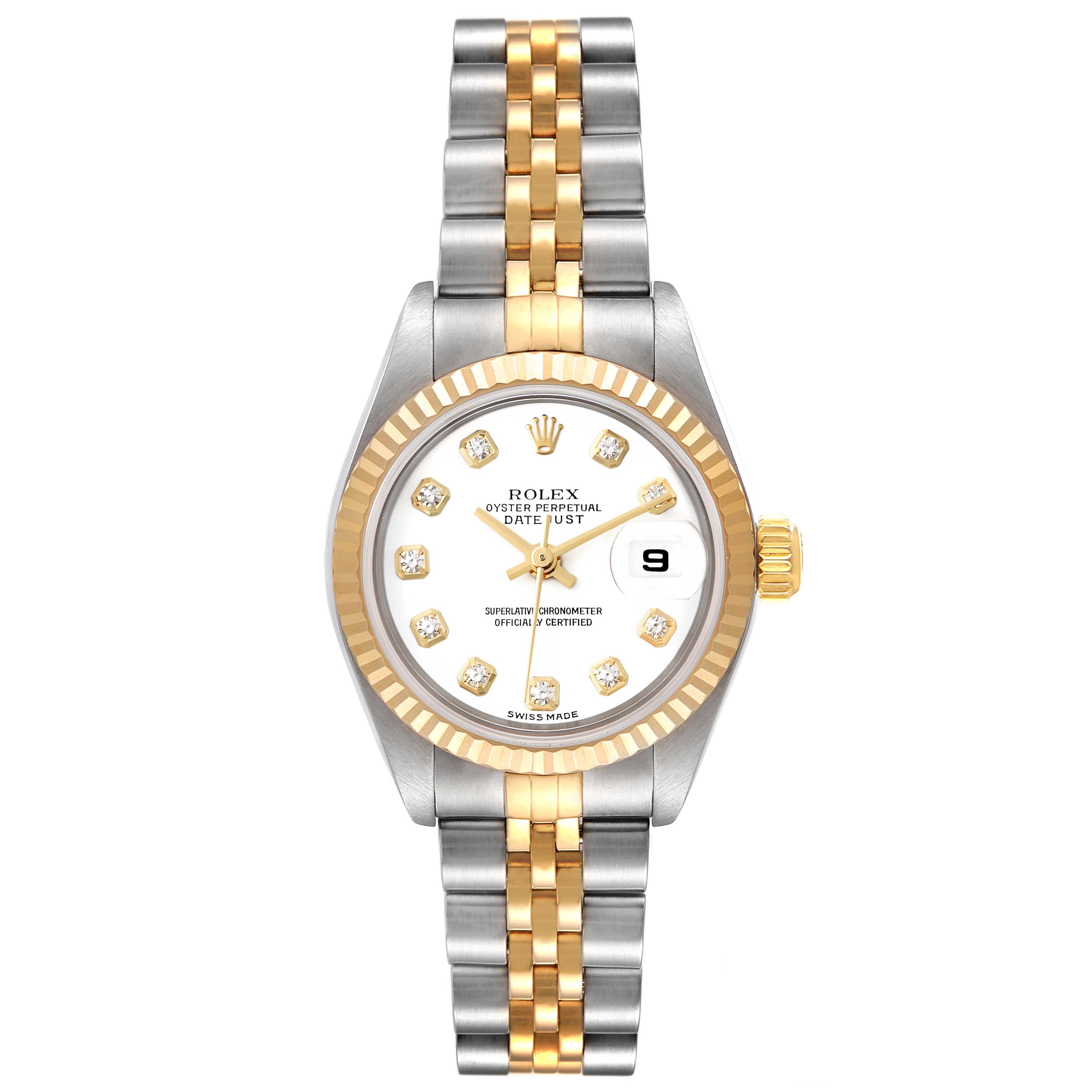 Rolex Datejust Steel Yellow Gold White Diamond Dial Watch 79173 Box Papers