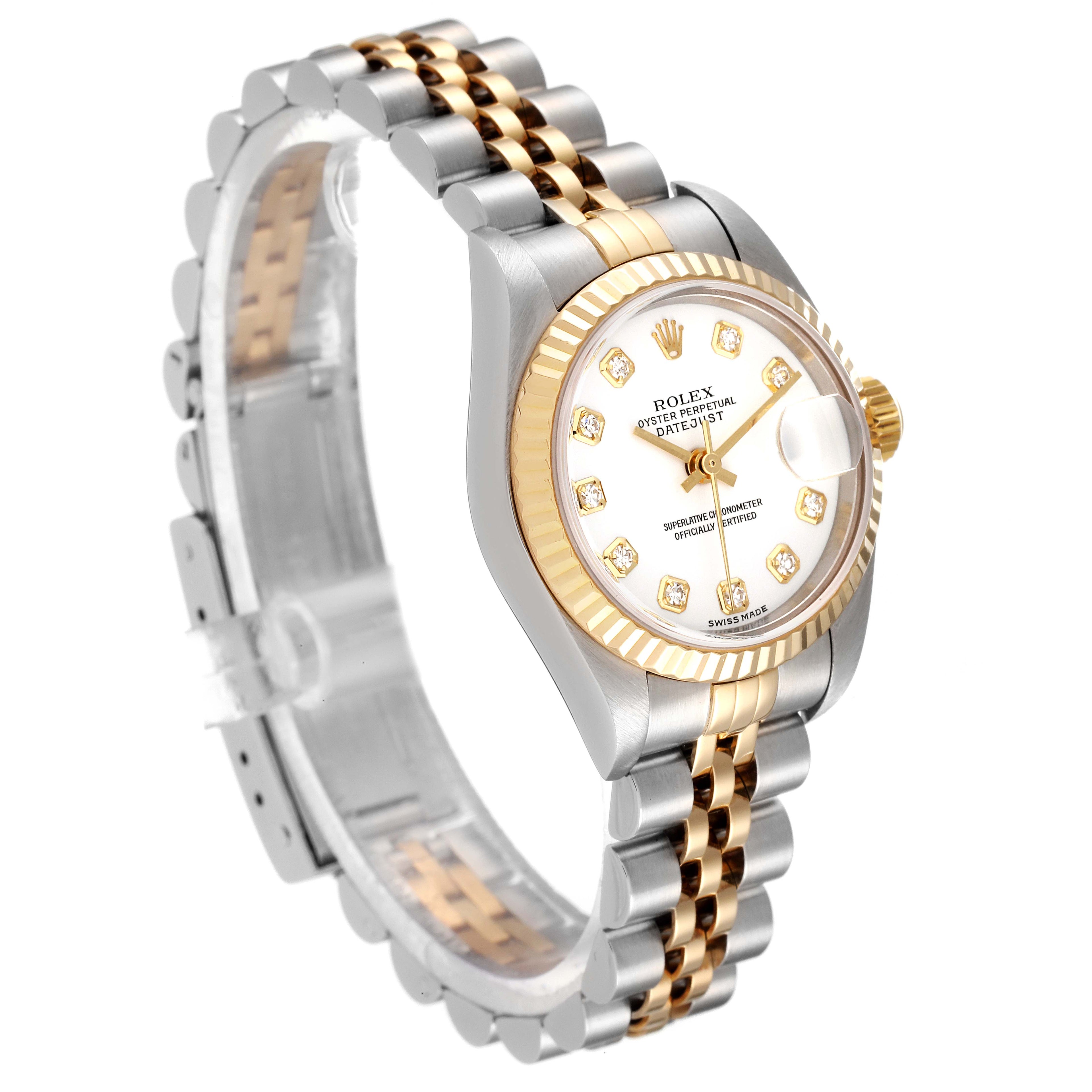 Rolex Datejust Steel Yellow Gold White Diamond Dial Watch 79173 Box Papers