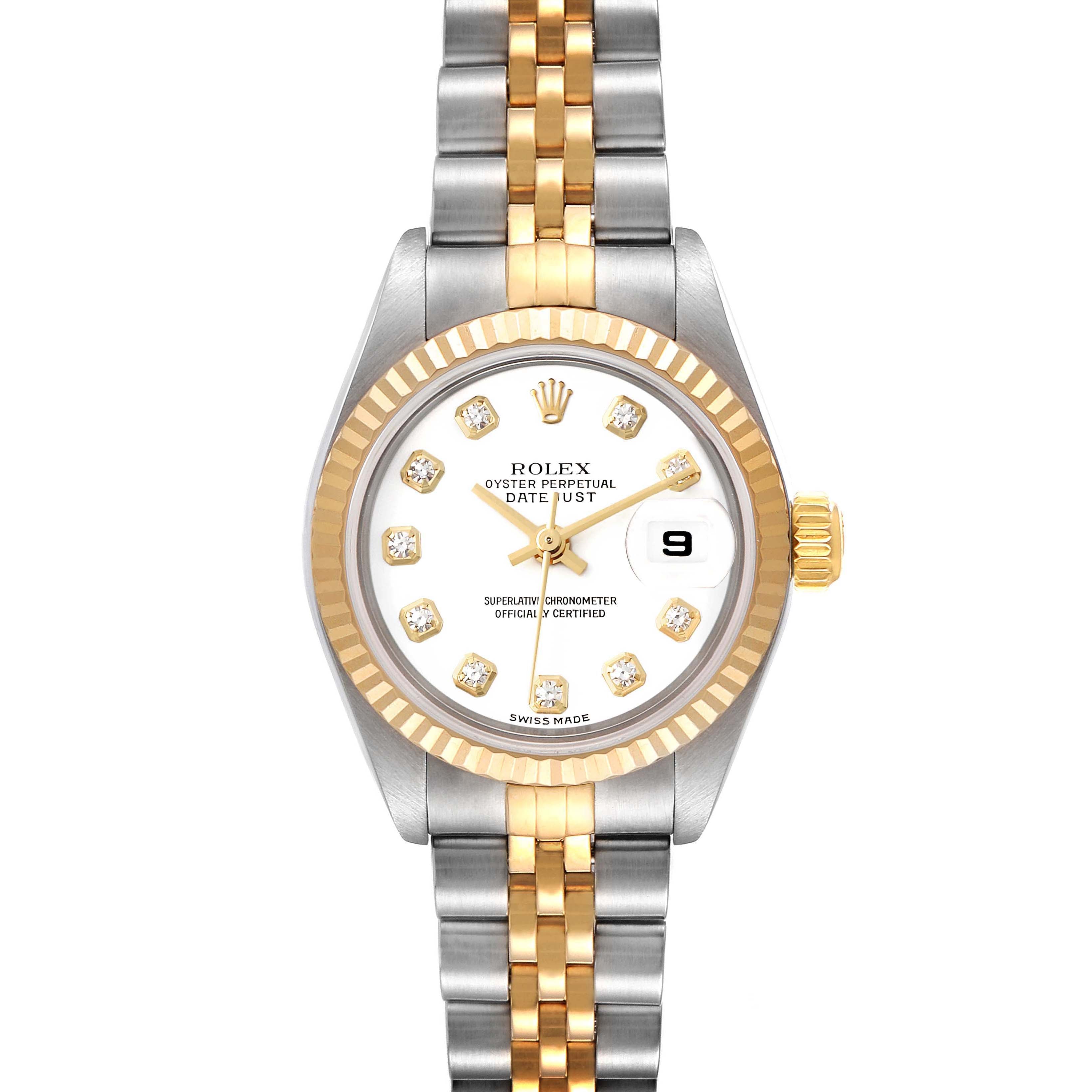Rolex Datejust Steel Yellow Gold White Diamond Dial Watch 79173 Box Papers
