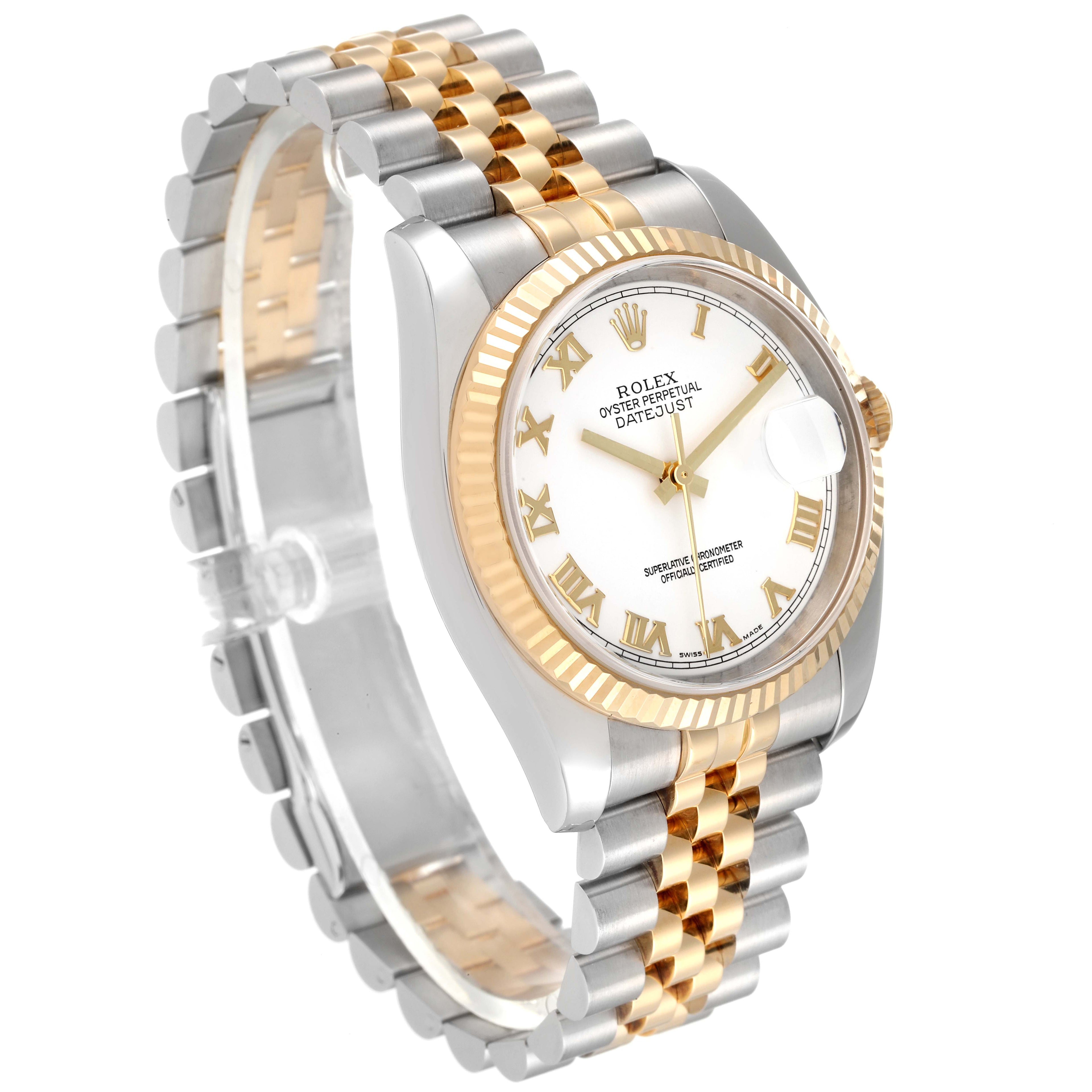 Rolex Datejust Steel Yellow Gold White Roman Dial Mens Watch 116233 Box Papers