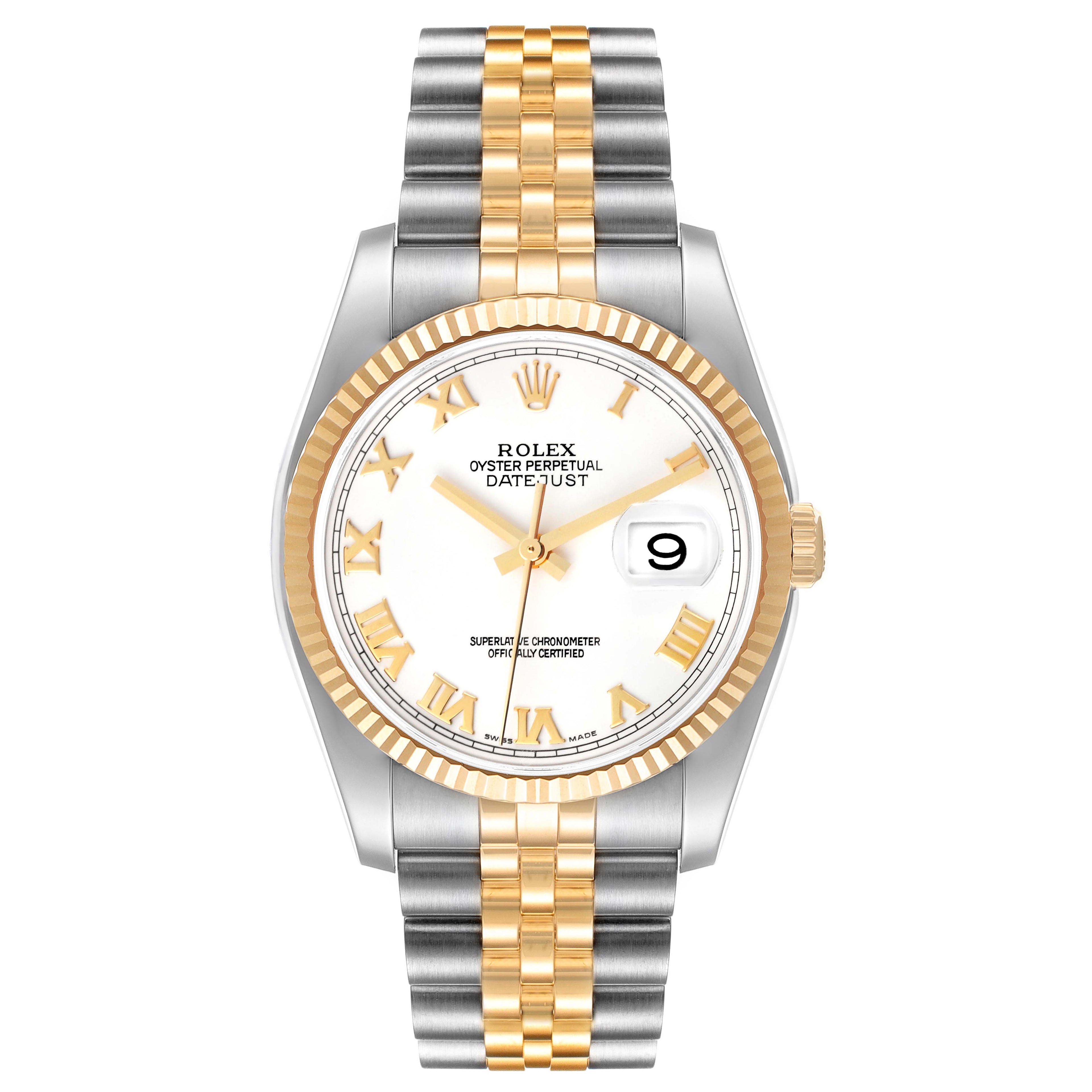 Rolex Datejust Steel Yellow Gold White Roman Dial Mens Watch 116233 Box Papers