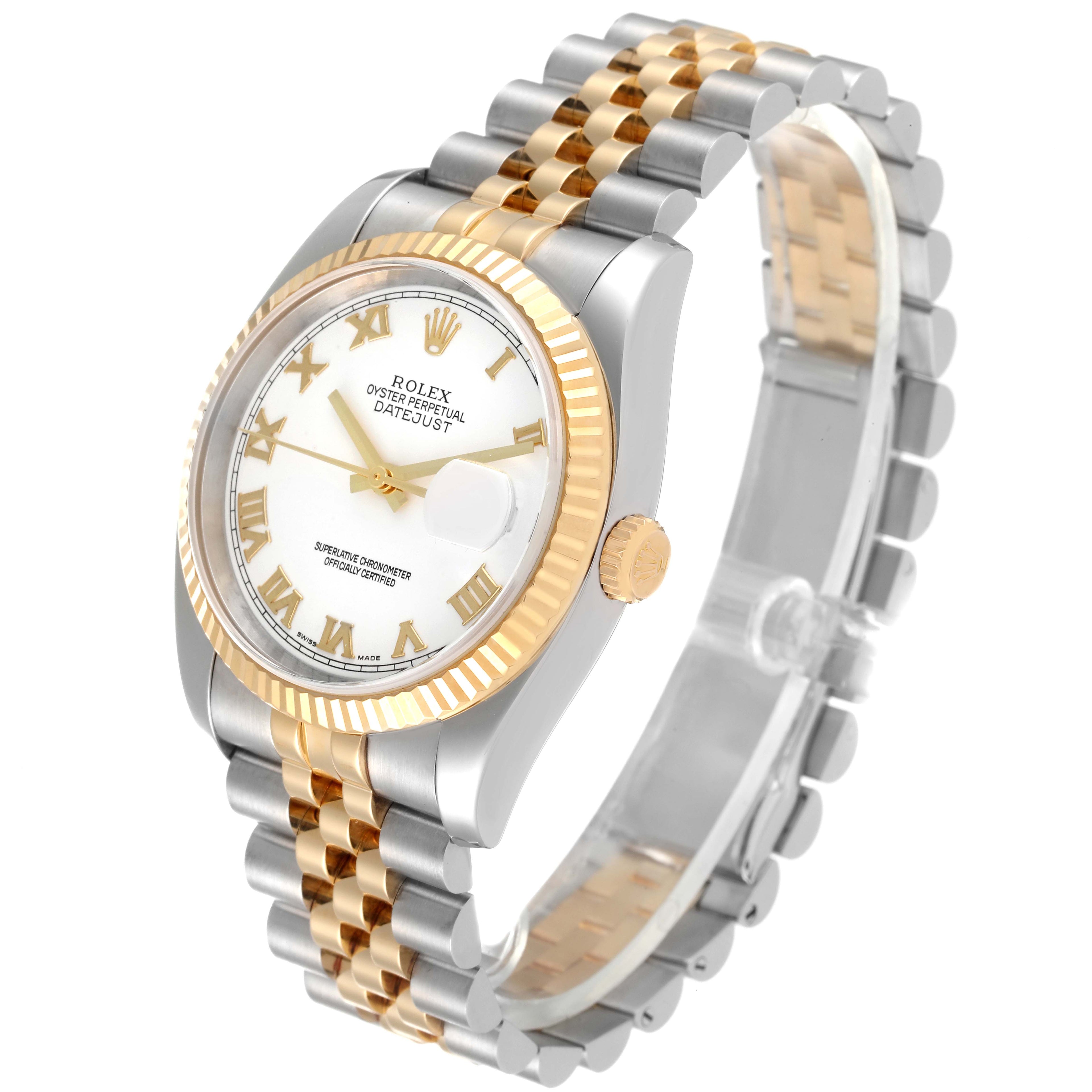 Rolex Datejust Steel Yellow Gold White Roman Dial Mens Watch 116233 Box Papers