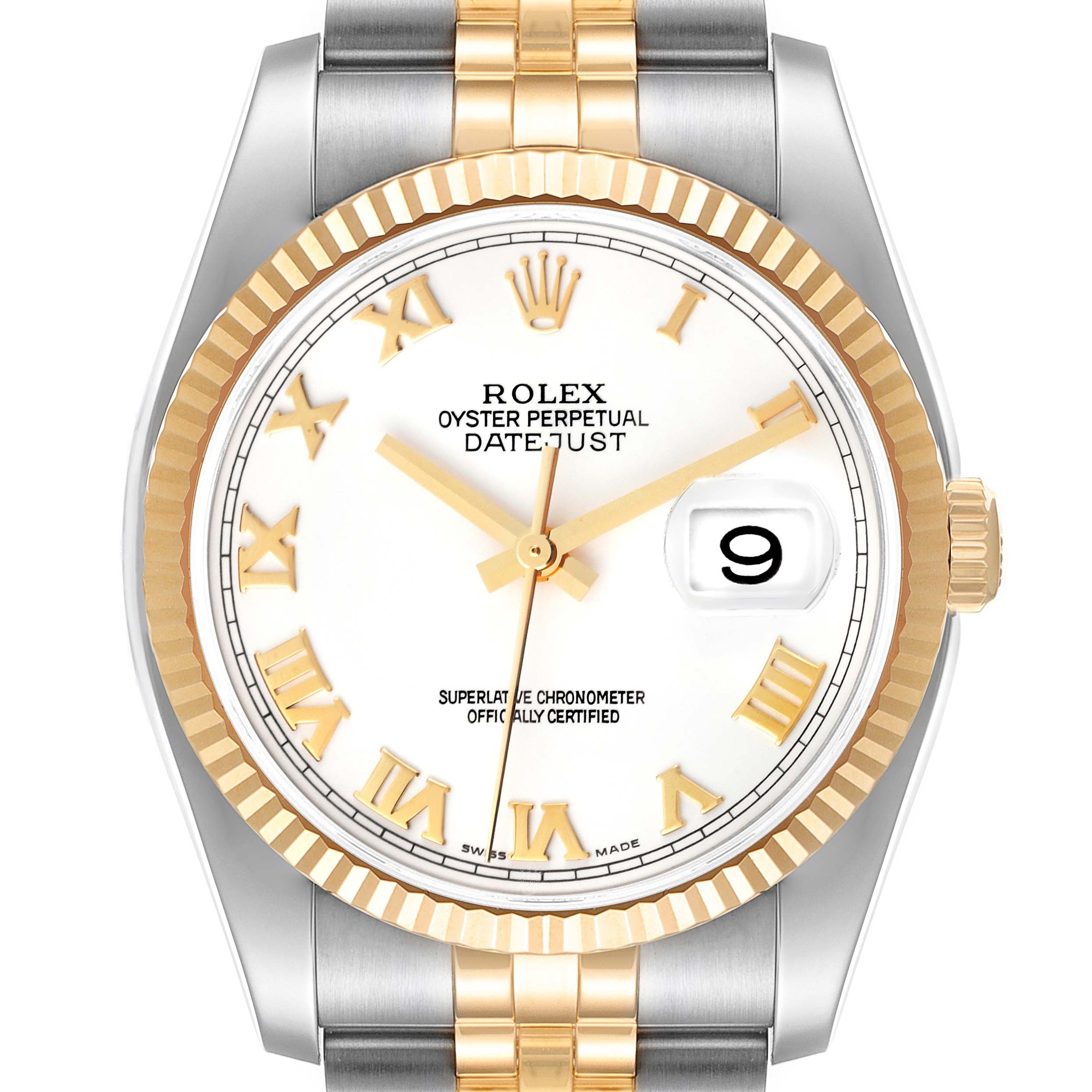 Rolex Datejust Steel Yellow Gold White Roman Dial Mens Watch 116233 Box Papers