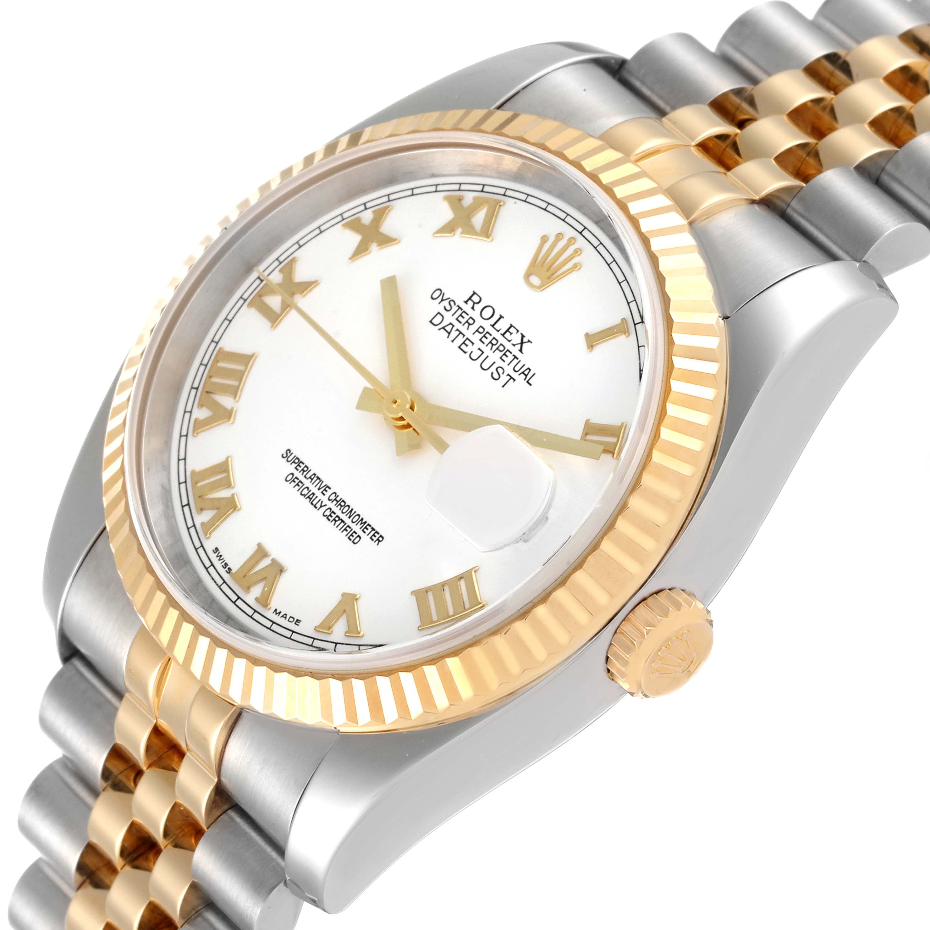 Rolex Datejust Steel Yellow Gold White Roman Dial Mens Watch 116233 Box Papers