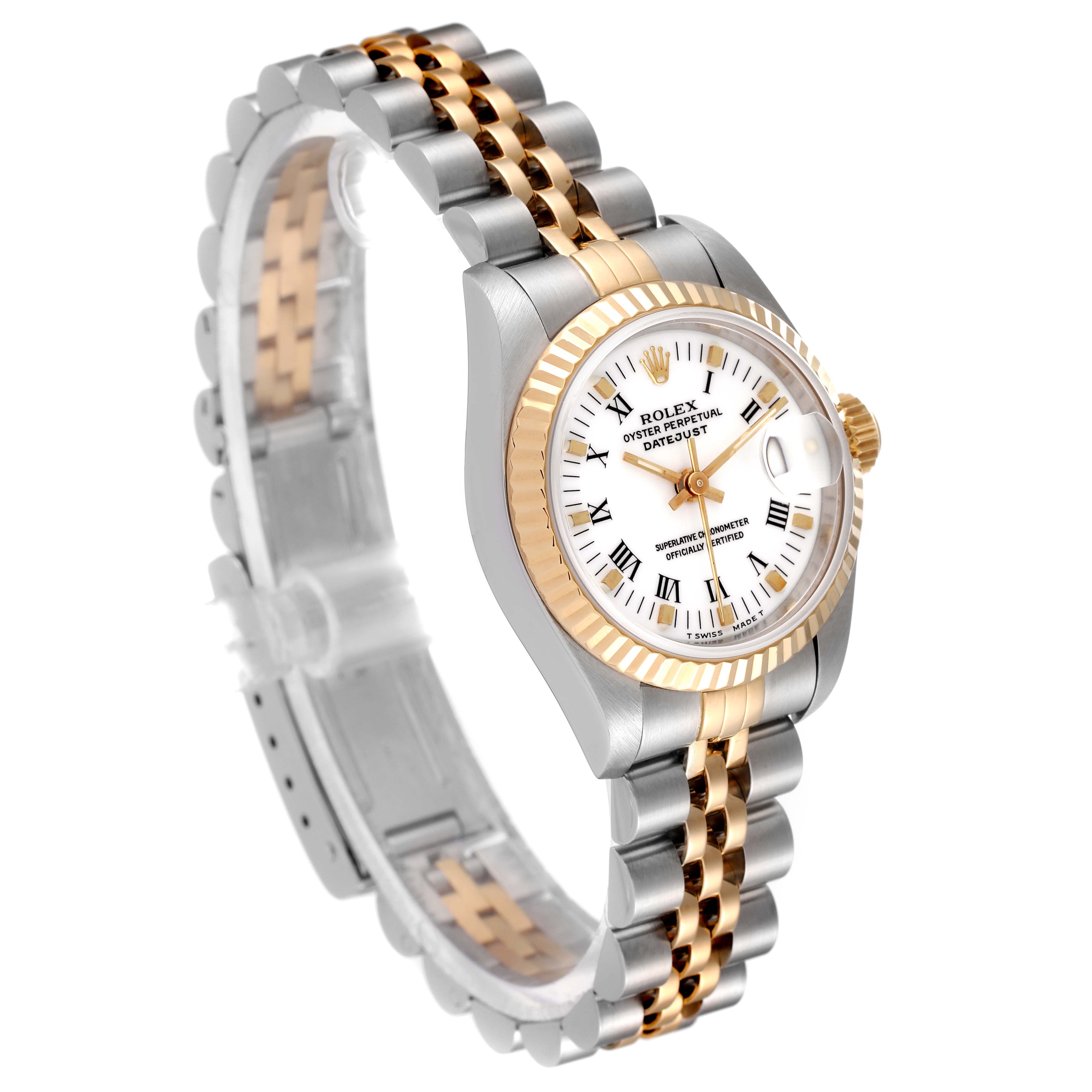 Rolex Datejust Steel Yellow Gold White Roman Dial Watch 69173 Box Papers