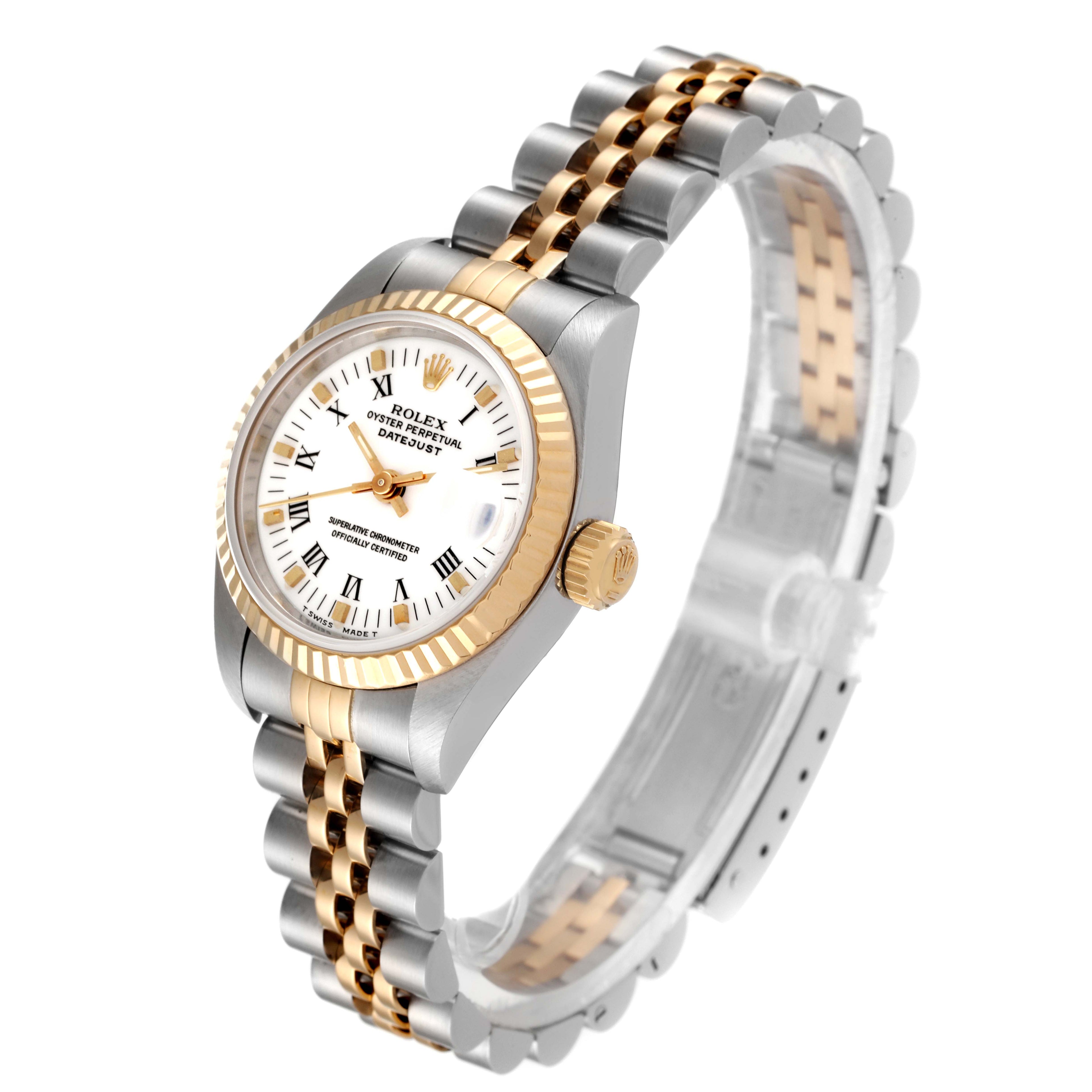 Rolex Datejust Steel Yellow Gold White Roman Dial Watch 69173 Box Papers