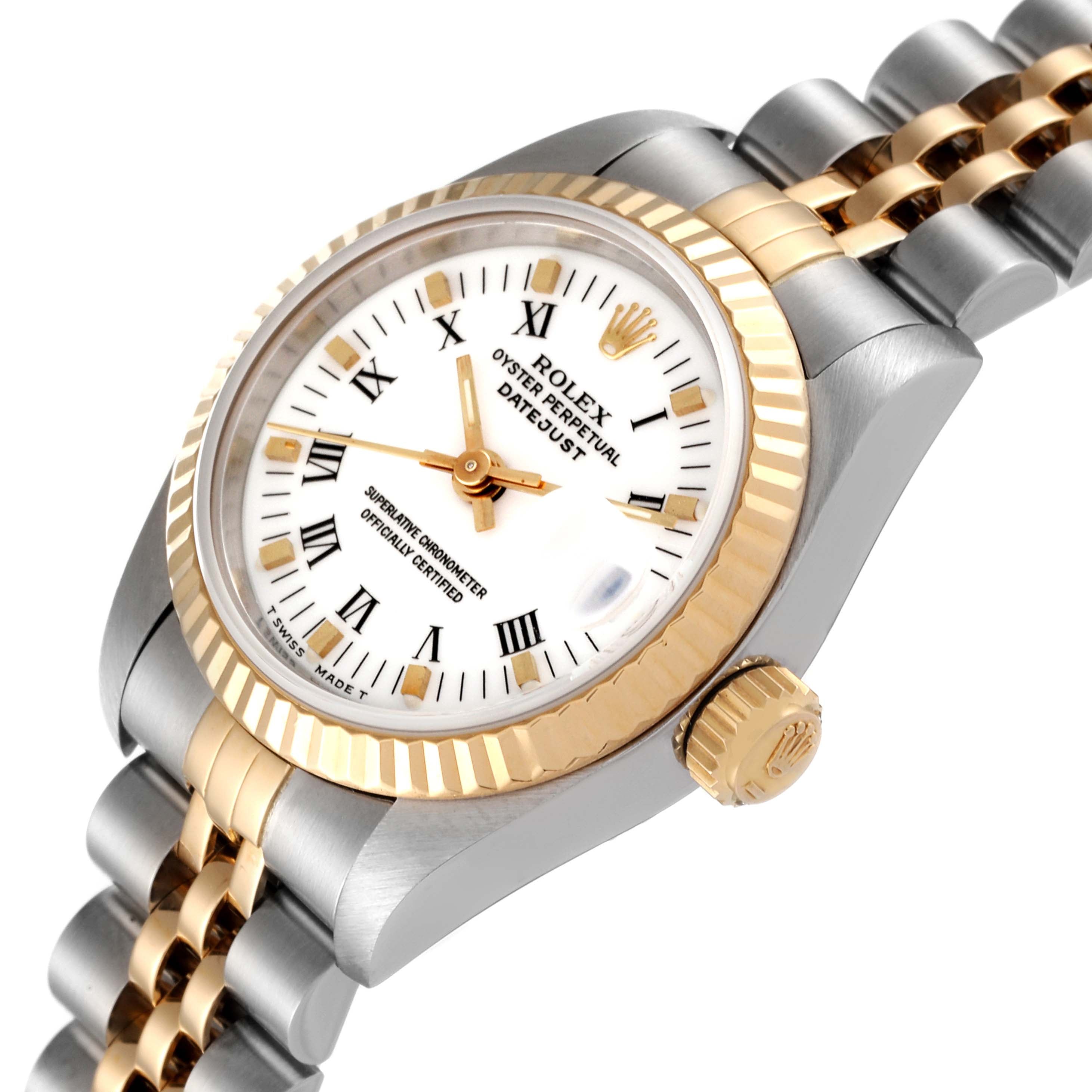 Rolex Datejust Steel Yellow Gold White Roman Dial Watch 69173 Box Papers