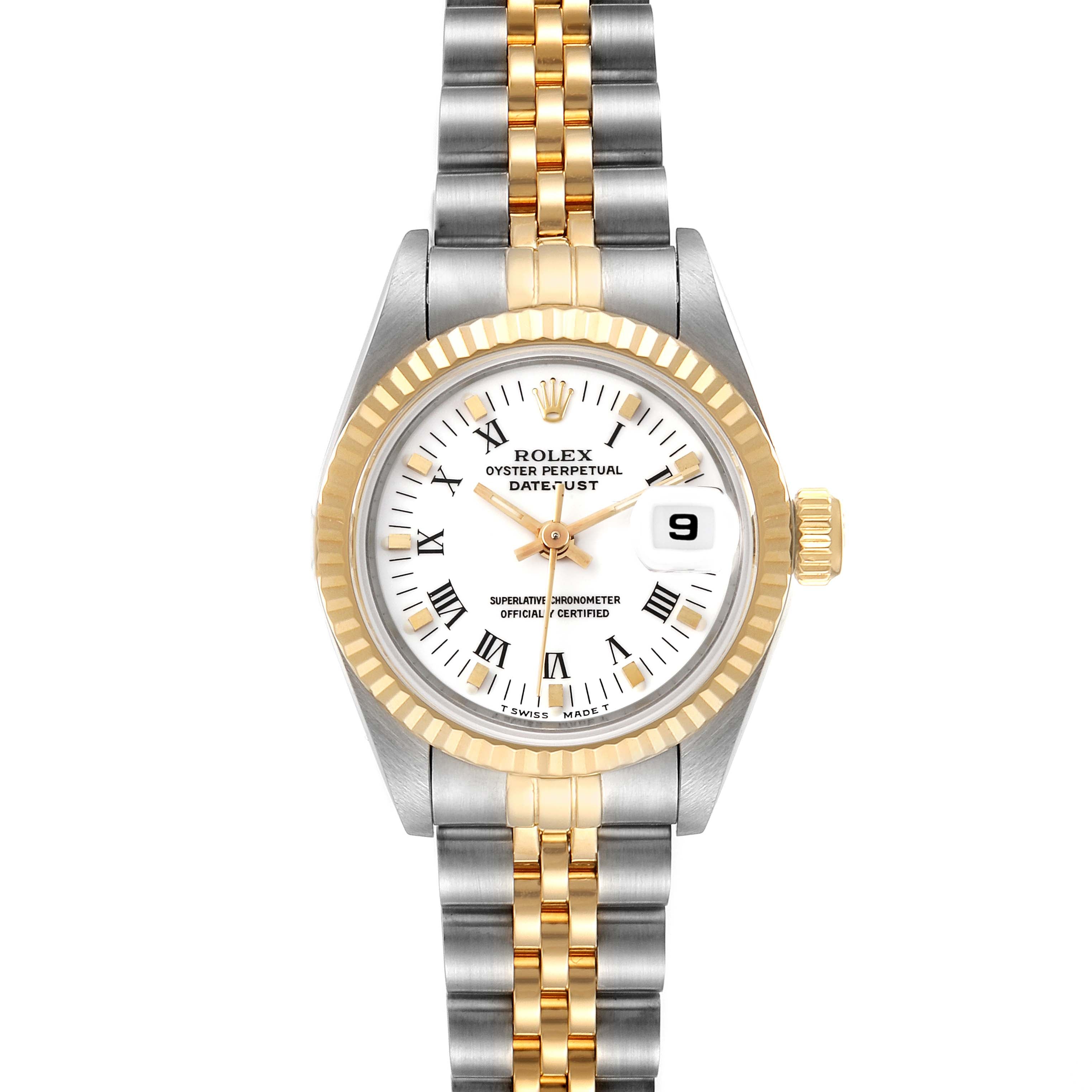 Rolex Datejust Steel Yellow Gold White Roman Dial Watch 69173 Box Papers