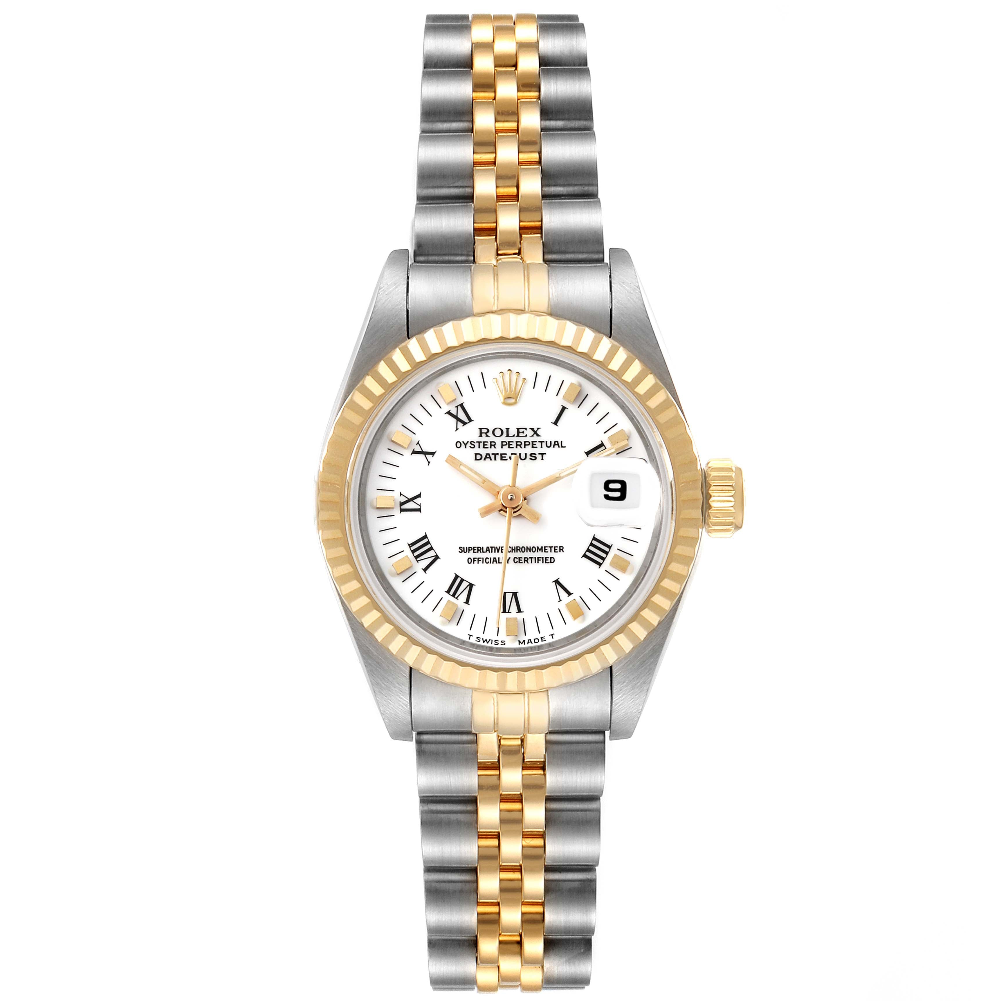 Rolex Datejust Steel Yellow Gold White Roman Dial Watch 69173 Box Papers