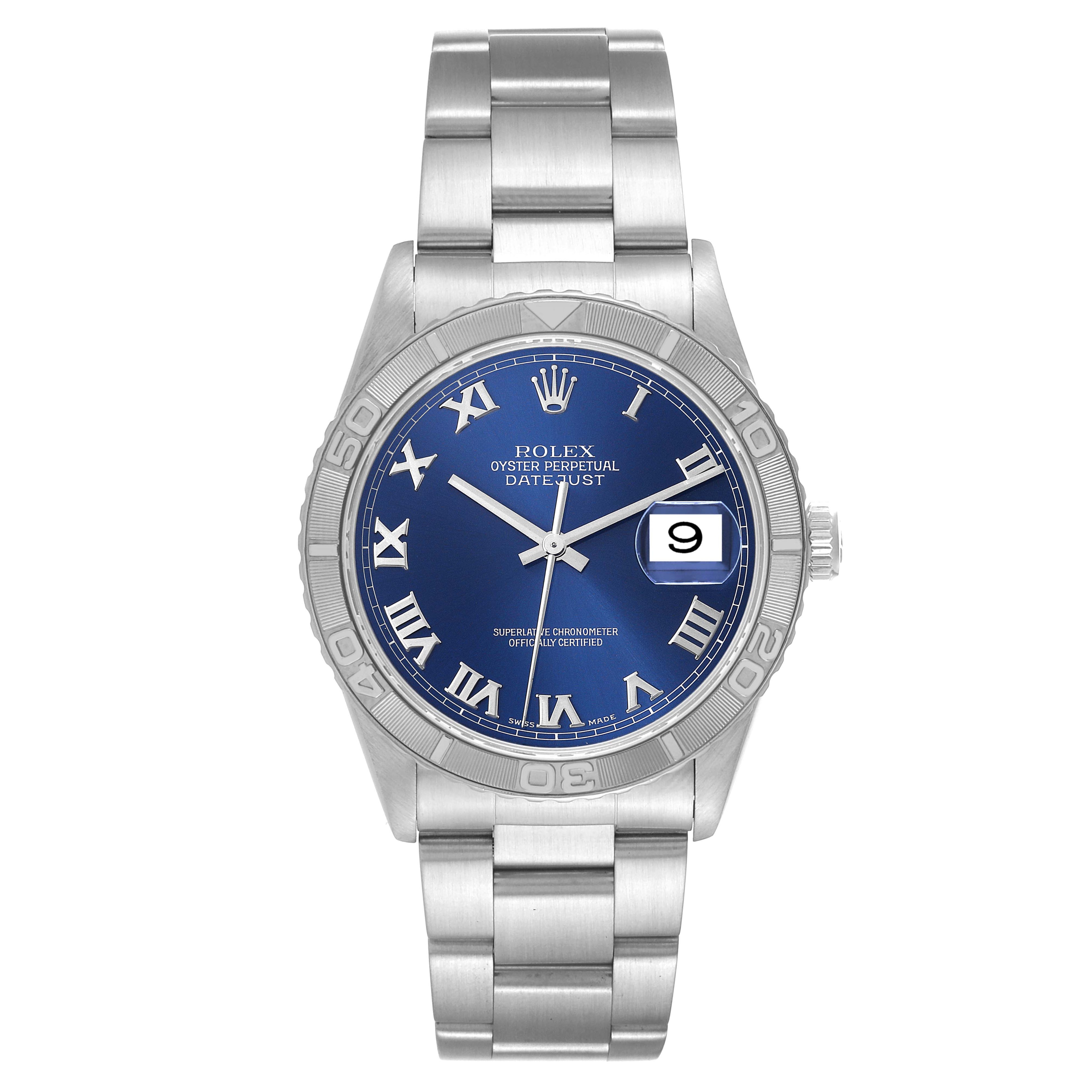 Rolex Datejust Turnograph Steel White Gold Blue Dial Mens Watch 16264 Papers