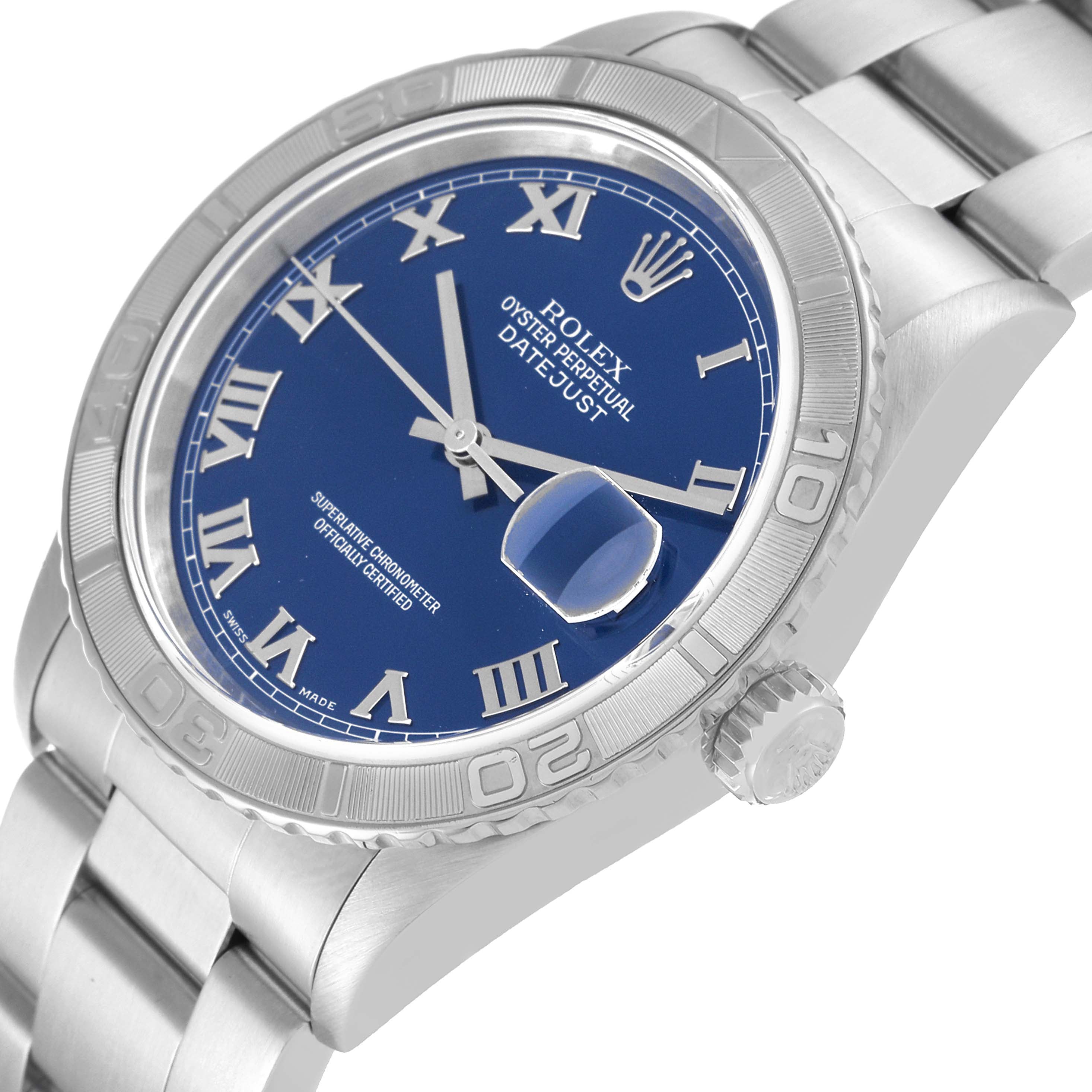 Rolex Datejust Turnograph Steel White Gold Blue Dial Mens Watch 16264 Papers