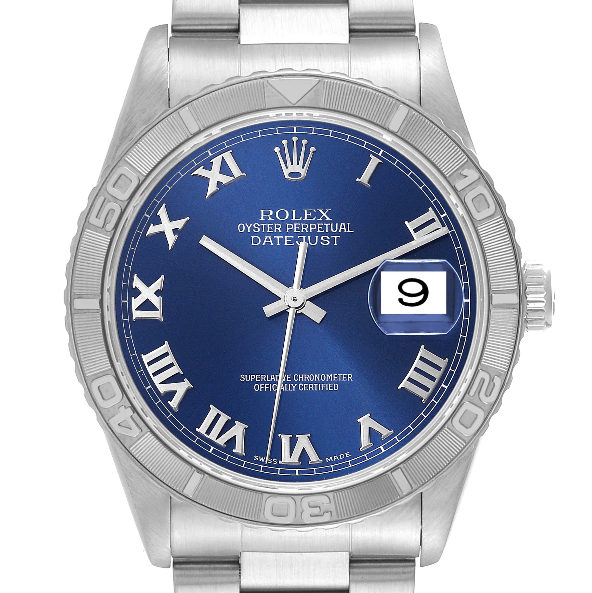 Rolex Datejust Turnograph Steel White Gold Blue Dial Mens Watch 16264 Papers