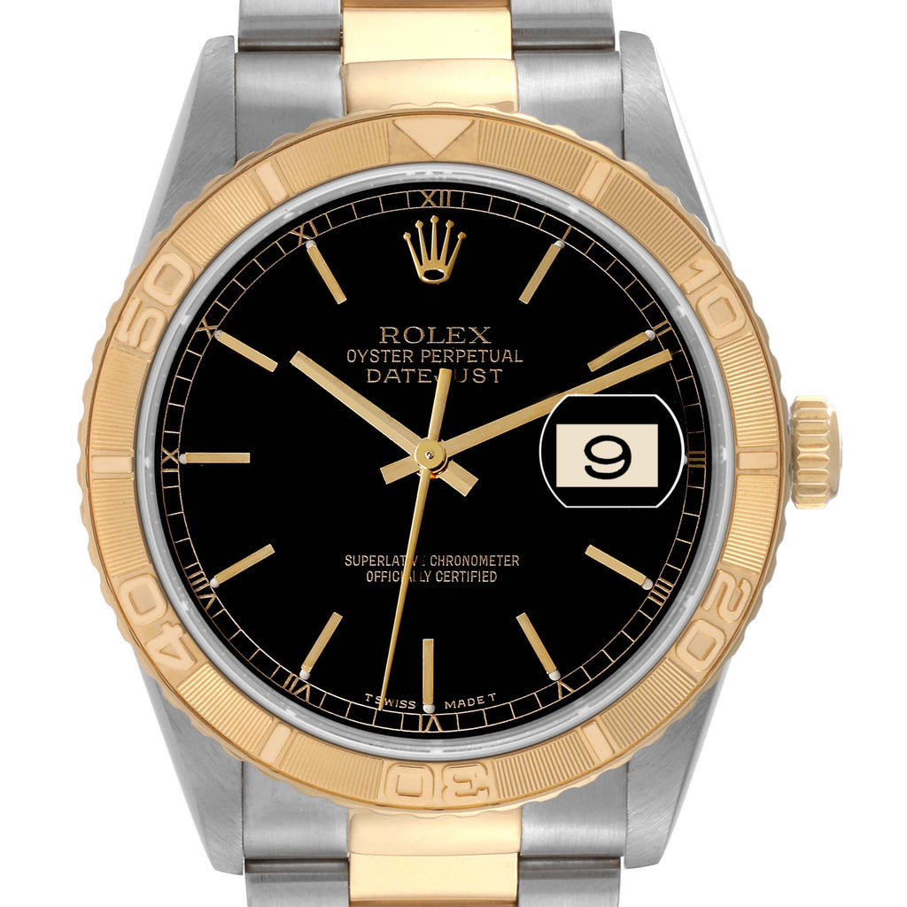 Rolex Datejust Turnograph Steel Yellow Gold Black Dial Mens Watch 16263