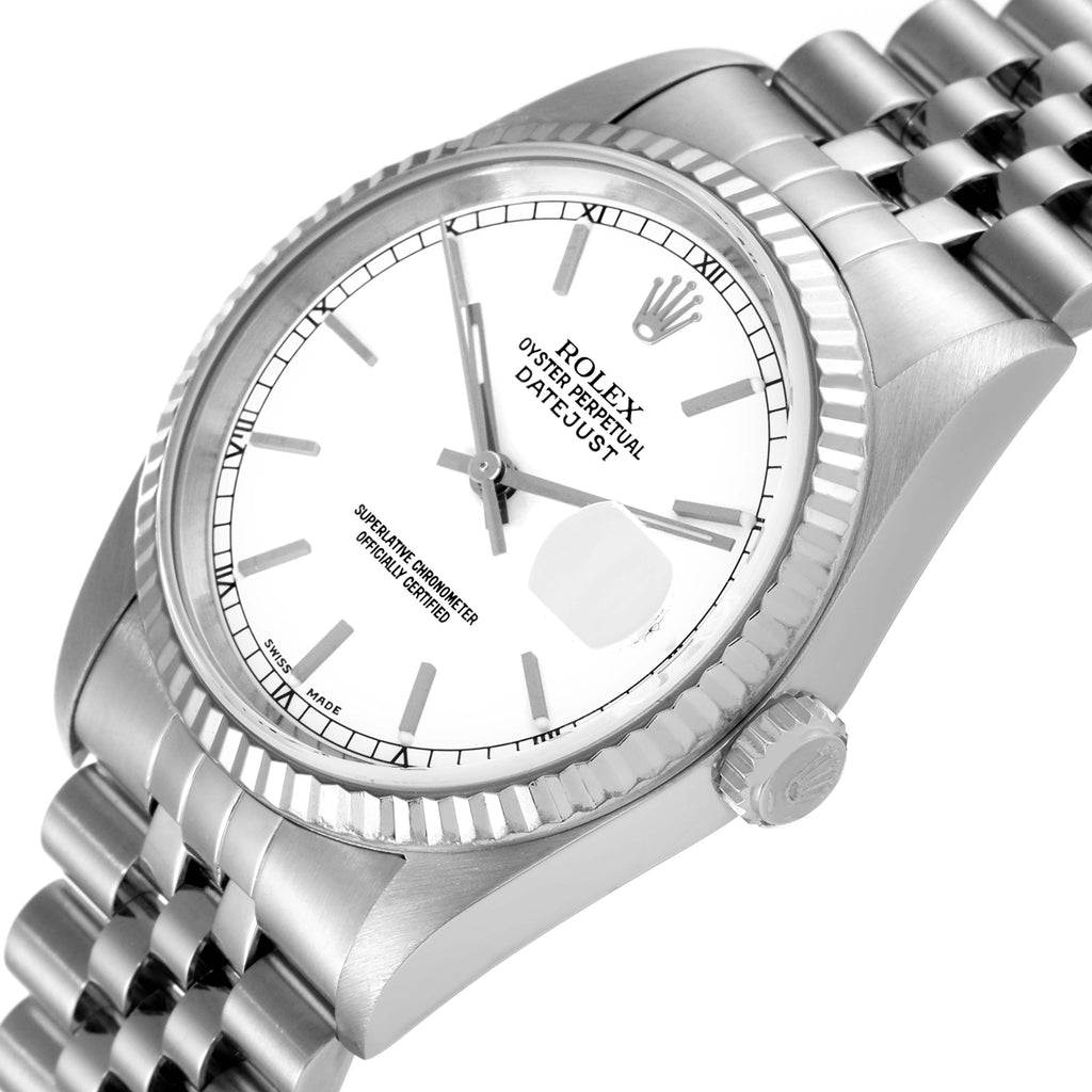Rolex Datejust White Dial Fluted Bezel Steel White Gold Mens Watch 16234