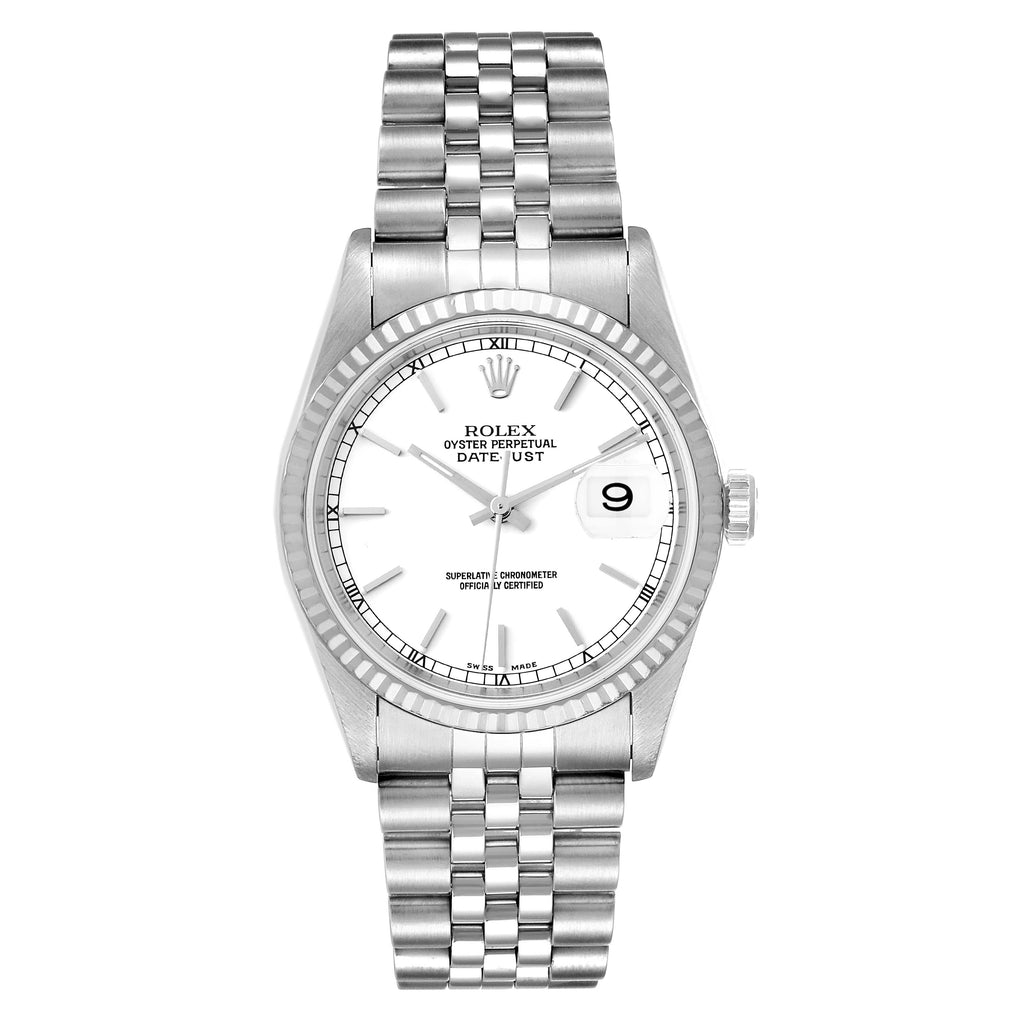 Rolex Datejust White Dial Fluted Bezel Steel White Gold Mens Watch 16234