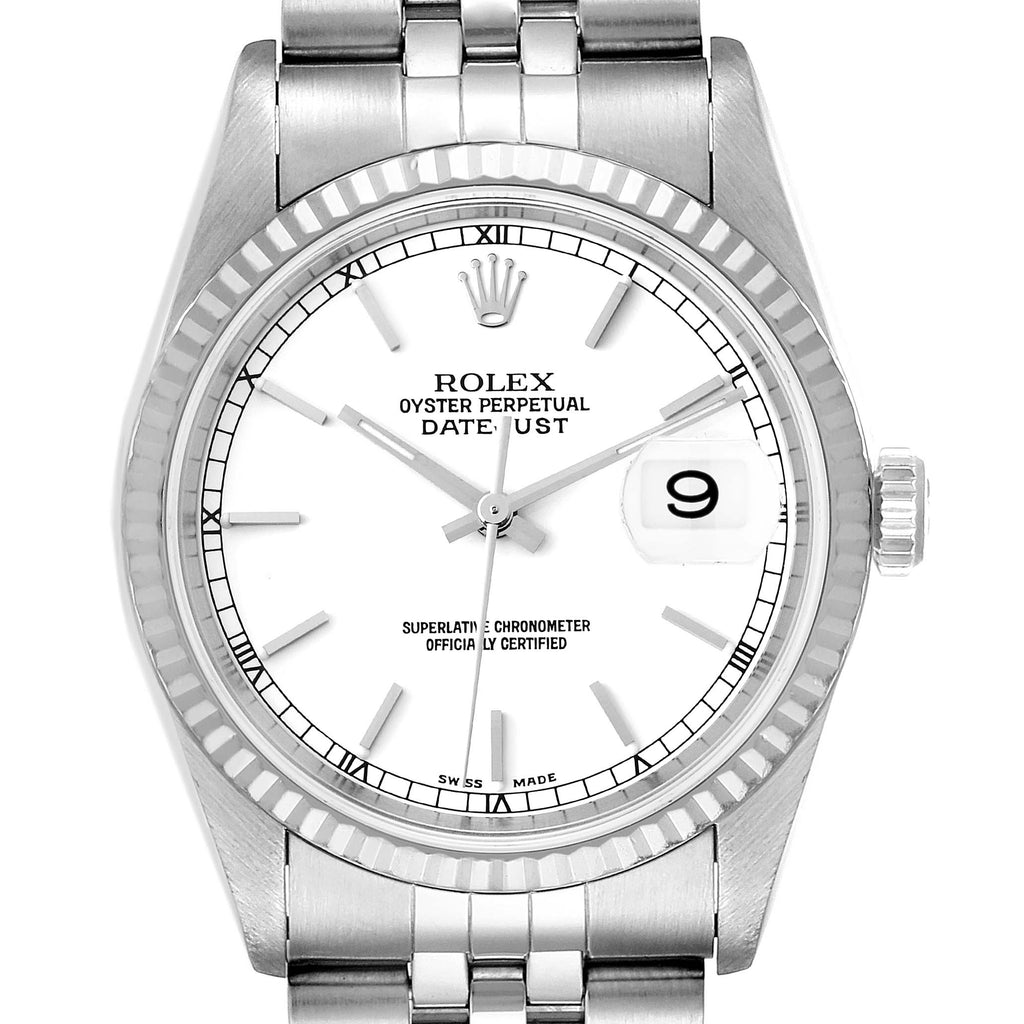 Rolex Datejust White Dial Fluted Bezel Steel White Gold Mens Watch 16234