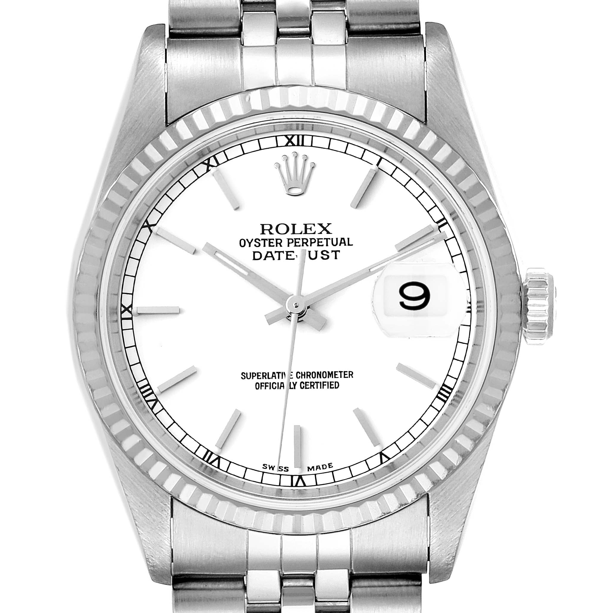 Rolex Datejust White Dial Fluted Bezel Steel White Gold Mens Watch 16234