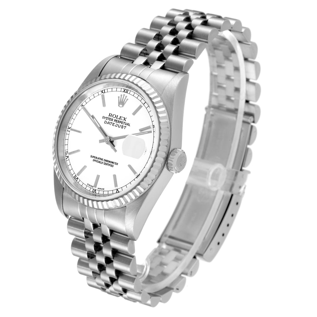 Rolex Datejust White Dial Fluted Bezel Steel White Gold Mens Watch 16234