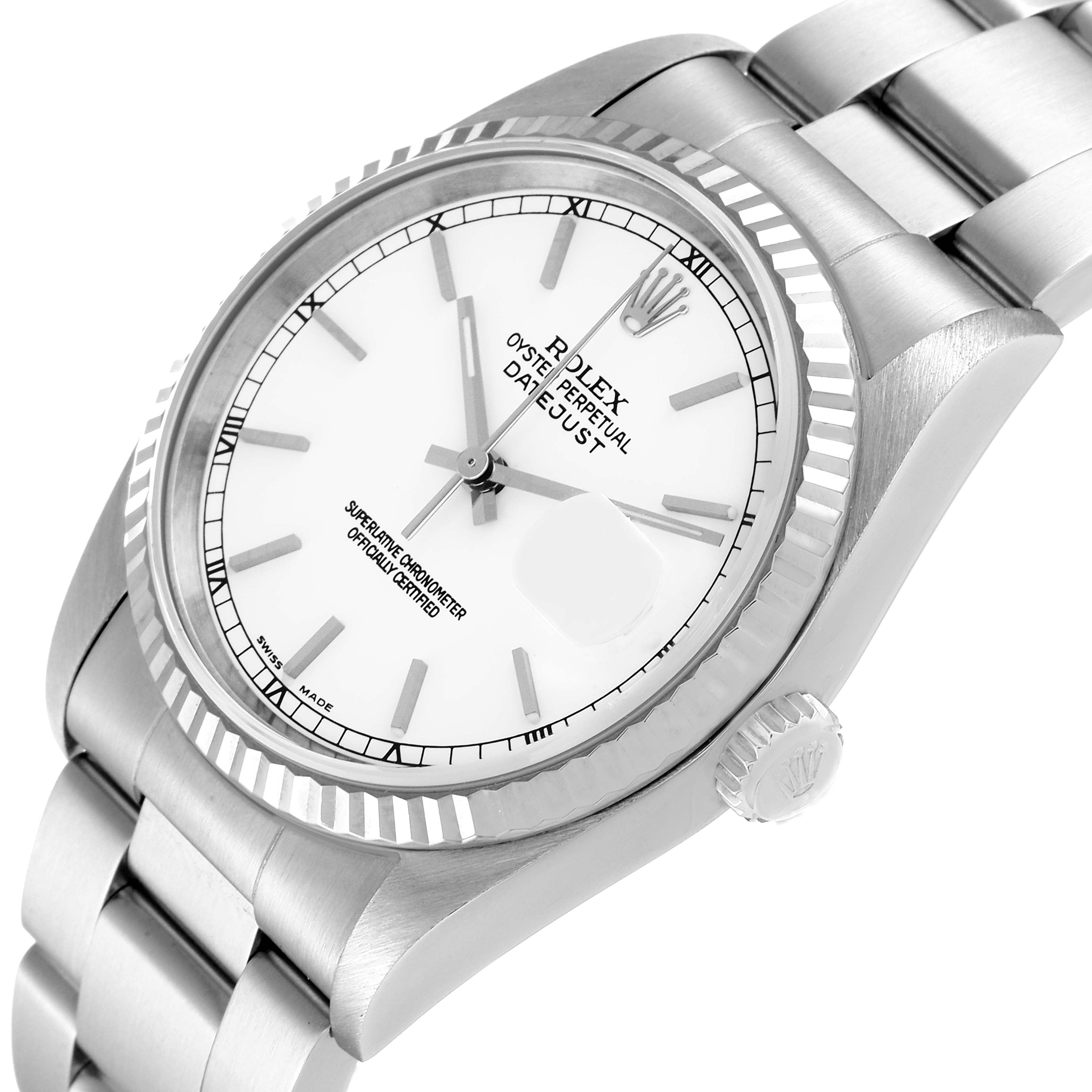Rolex Datejust White Dial Fluted Bezel Steel White Gold Watch 16234