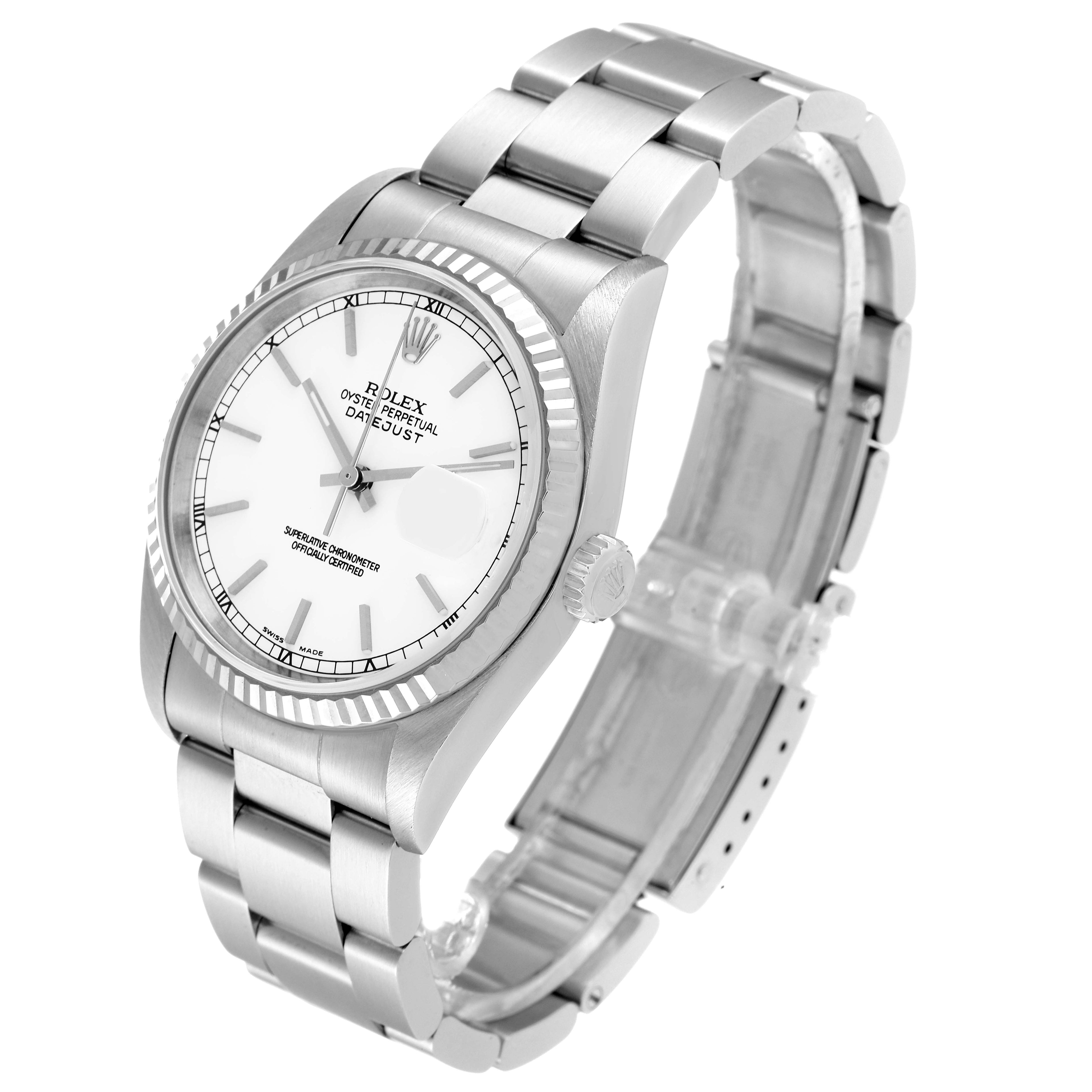 Rolex Datejust White Dial Fluted Bezel Steel White Gold Watch 16234