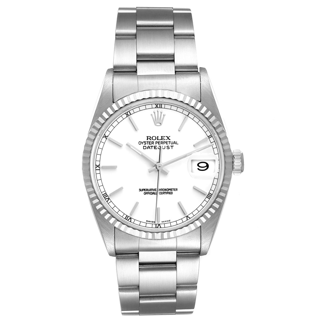 Rolex Datejust White Dial Fluted Bezel Steel White Gold Watch 16234
