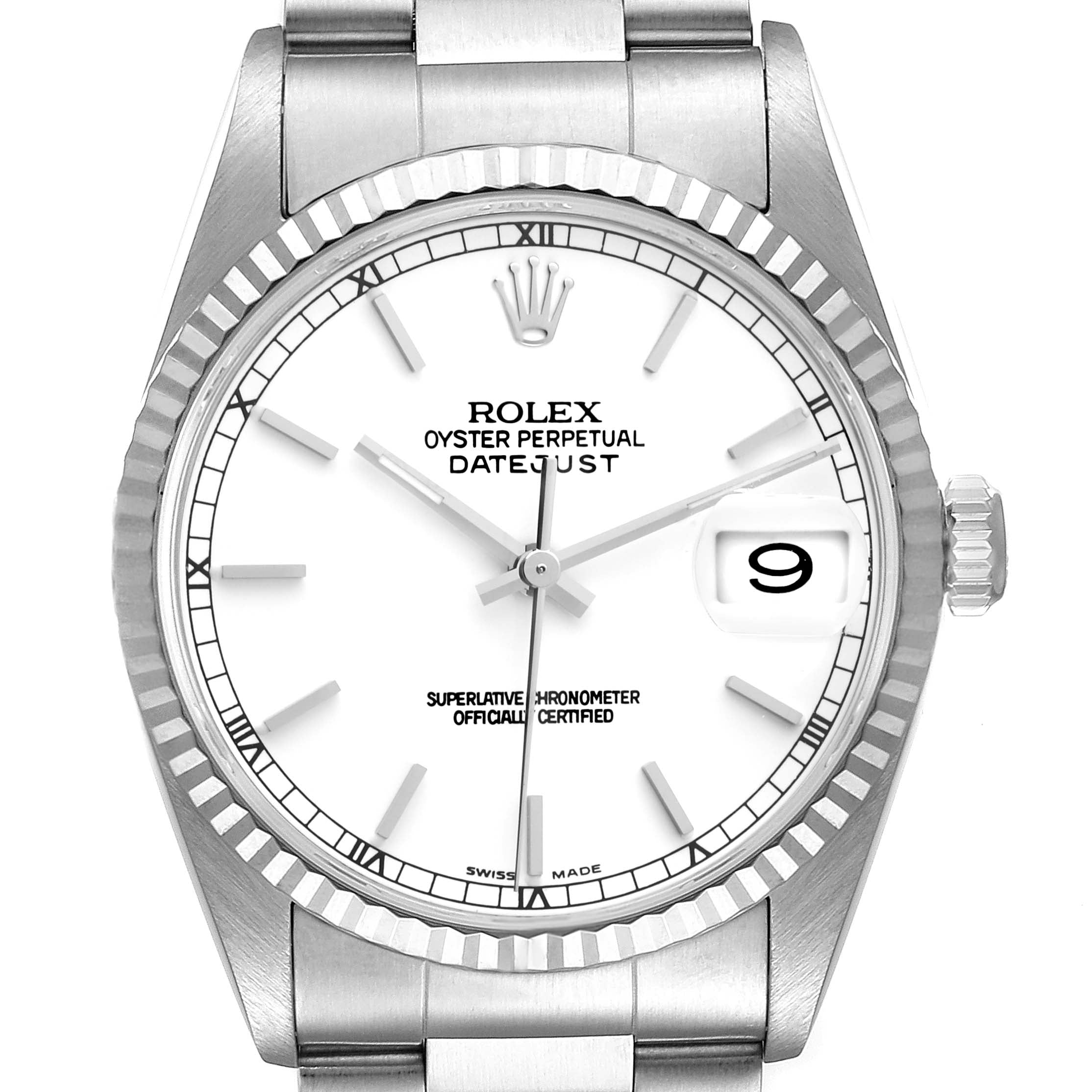 Rolex Datejust White Dial Fluted Bezel Steel White Gold Watch 16234