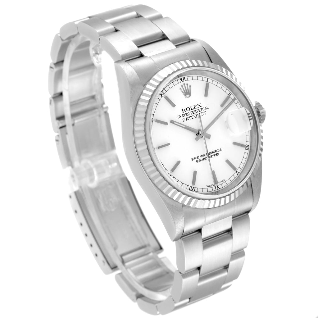 Rolex Datejust White Dial Fluted Bezel Steel White Gold Watch 16234 Box Papers
