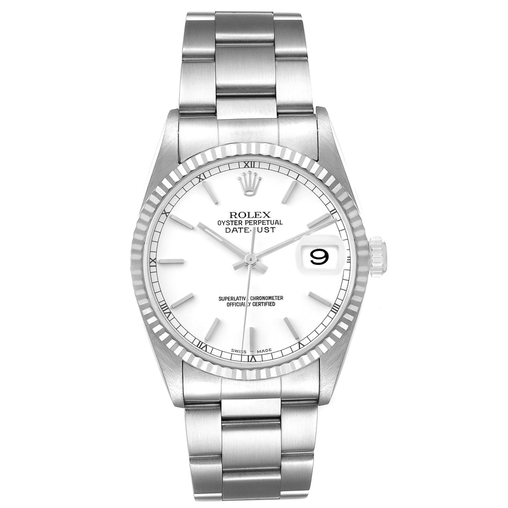 Rolex Datejust White Dial Fluted Bezel Steel White Gold Watch 16234 Box Papers