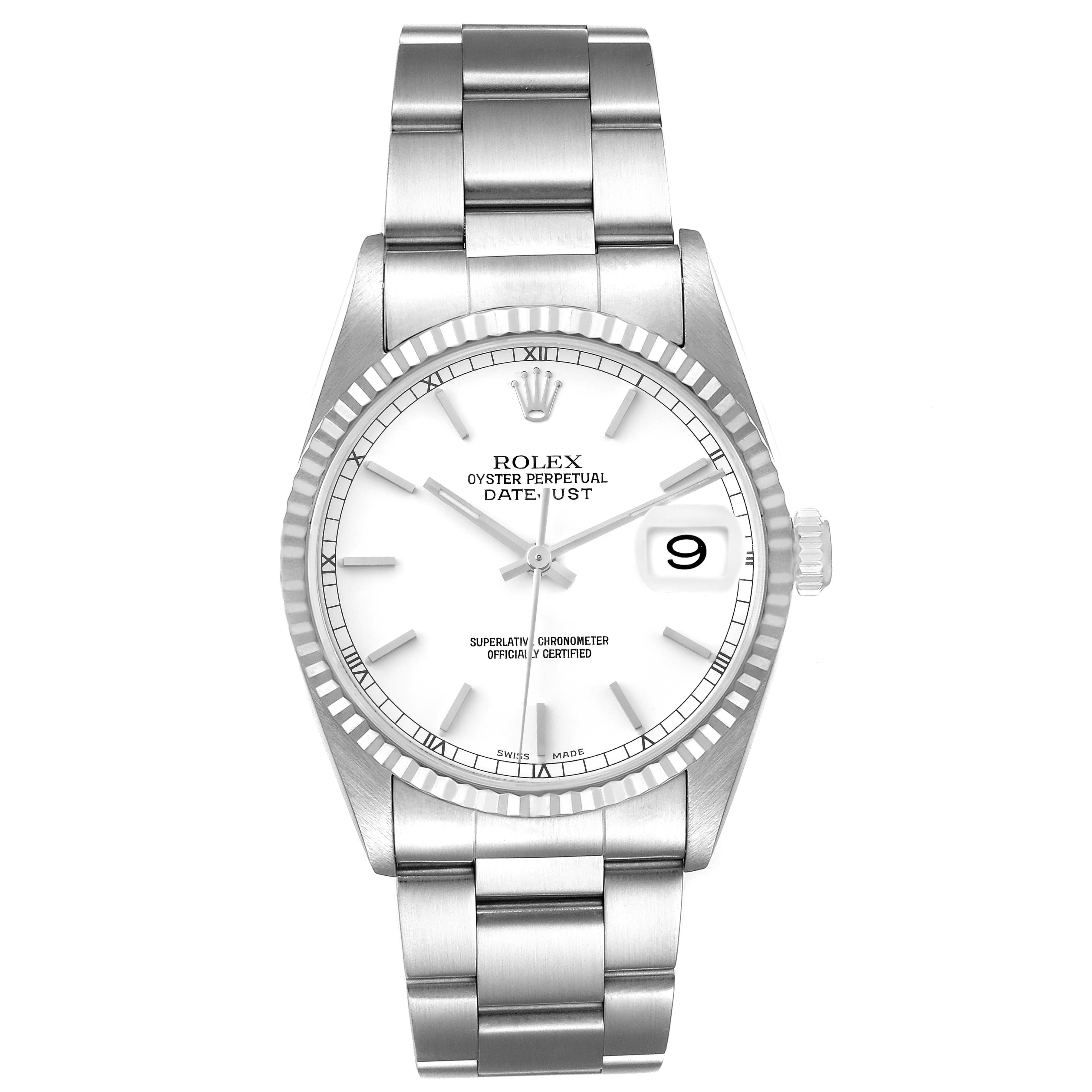 Rolex Datejust White Dial Fluted Bezel Steel White Gold Watch 16234 Box Papers