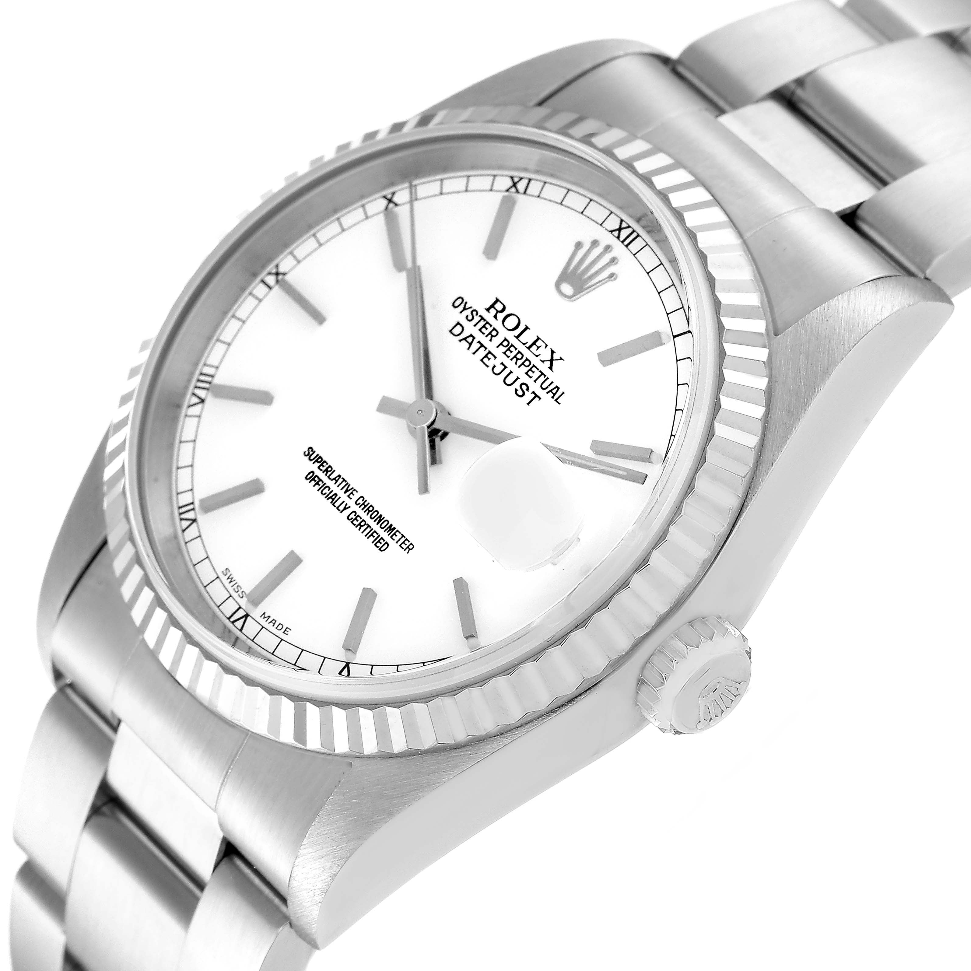 Rolex Datejust White Dial Fluted Bezel Steel White Gold Watch 16234 Box Papers