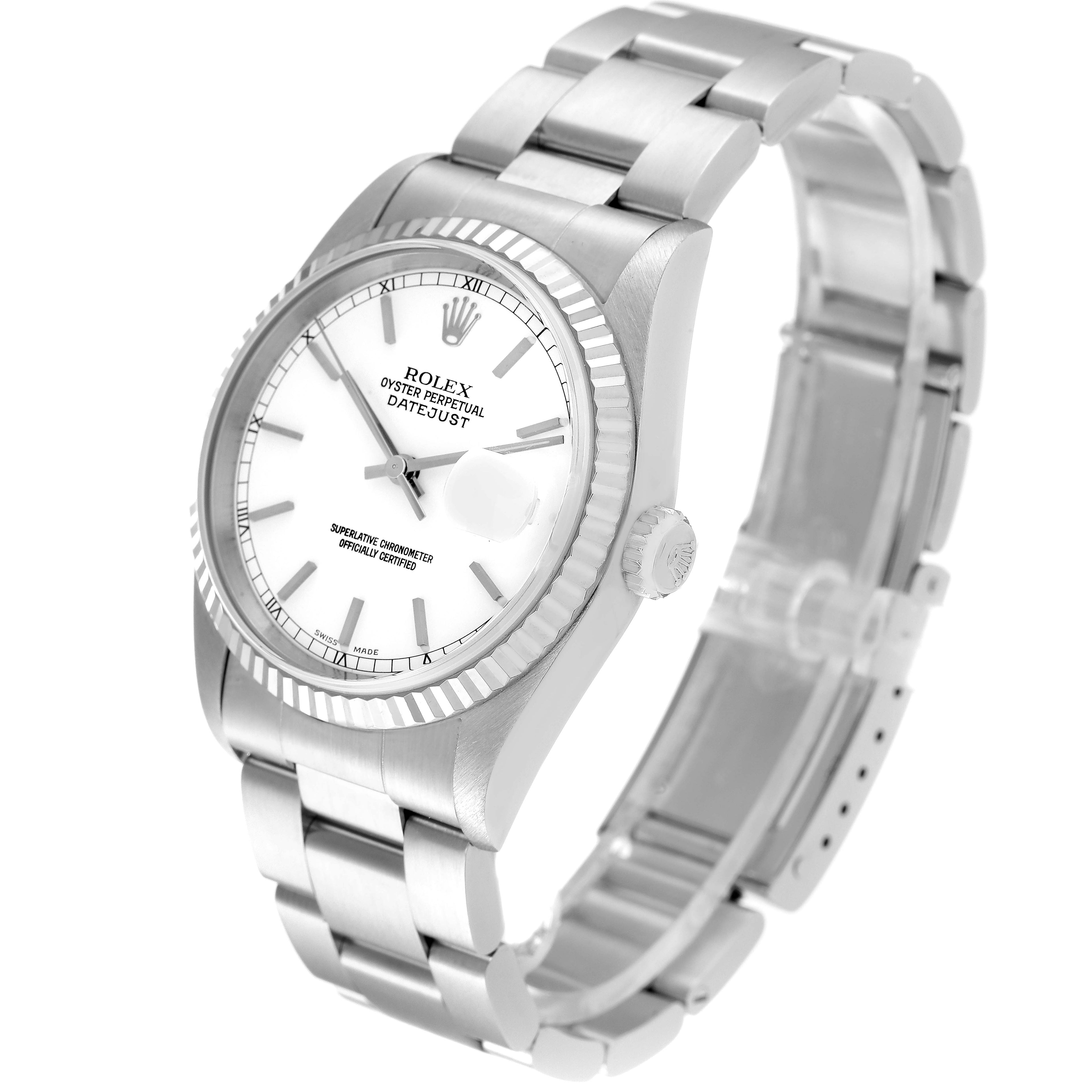 Rolex Datejust White Dial Fluted Bezel Steel White Gold Watch 16234 Box Papers
