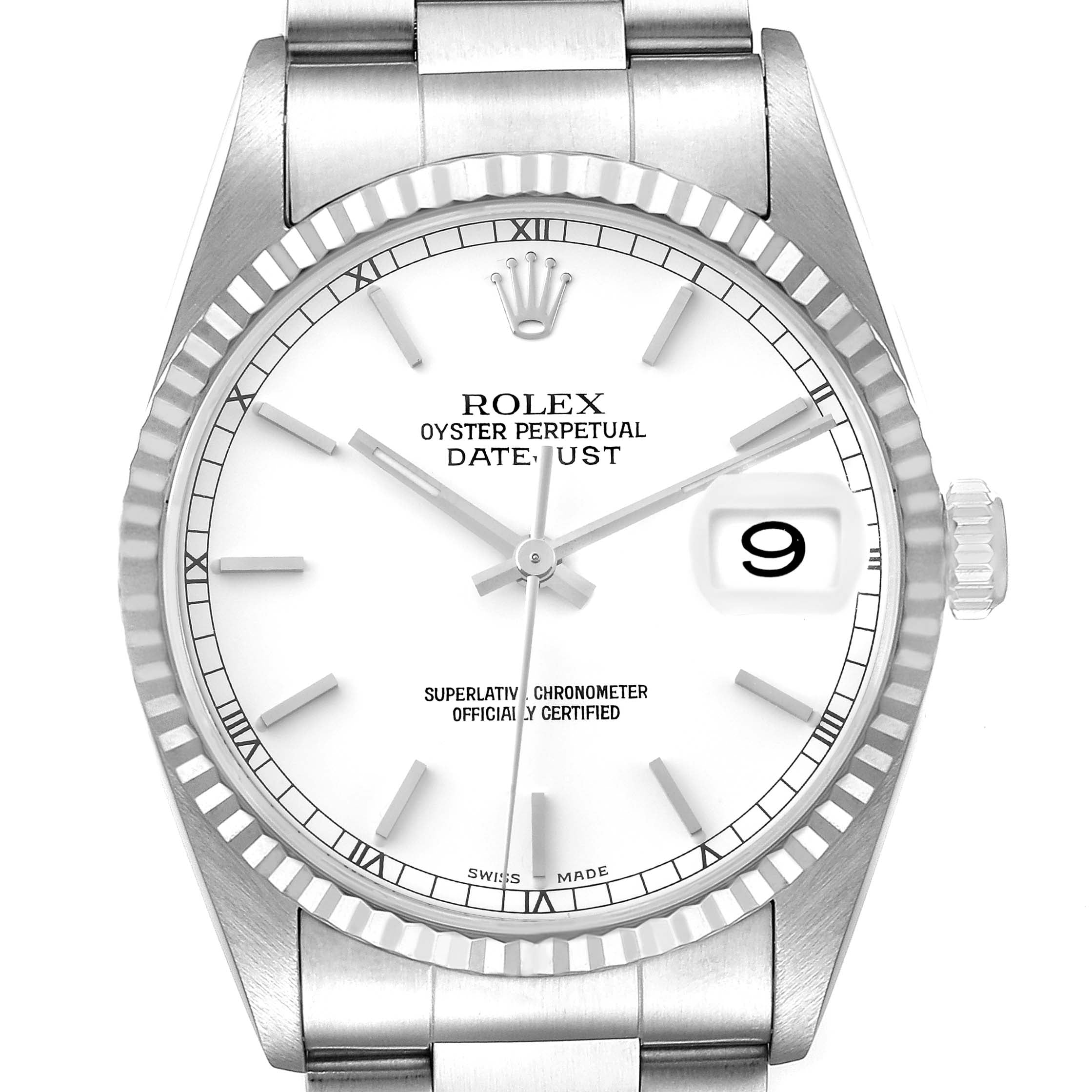 Rolex Datejust White Dial Fluted Bezel Steel White Gold Watch 16234 Box Papers