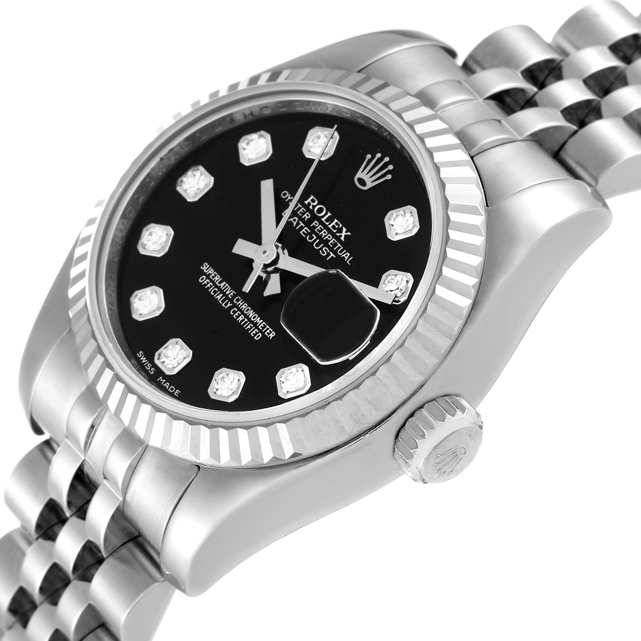 Rolex Datejust White Gold Black Diamond Dial Ladies Watch 179174 2 EXTRA LINKS