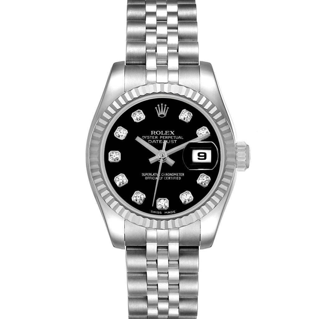 Rolex Datejust White Gold Black Diamond Dial Ladies Watch 179174 2 EXTRA LINKS