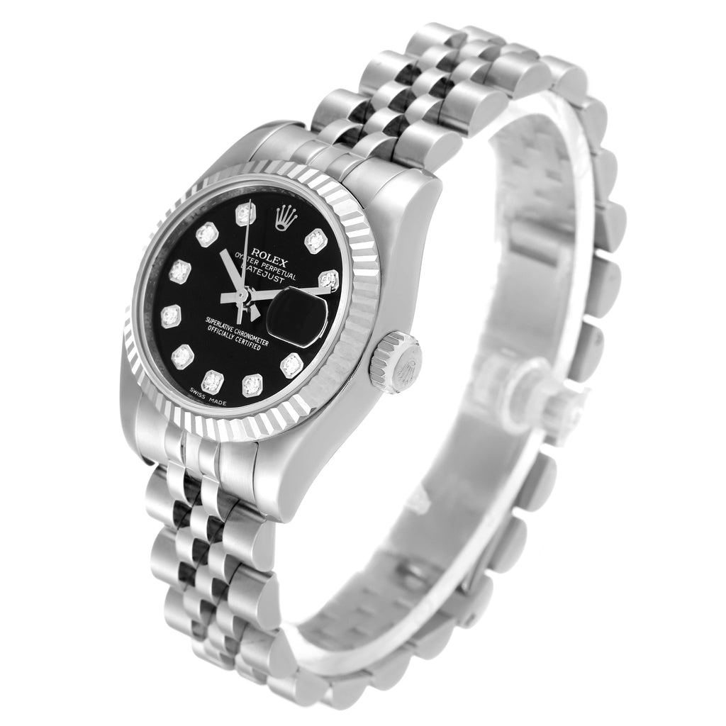 Rolex Datejust White Gold Black Diamond Dial Ladies Watch 179174 2 EXTRA LINKS