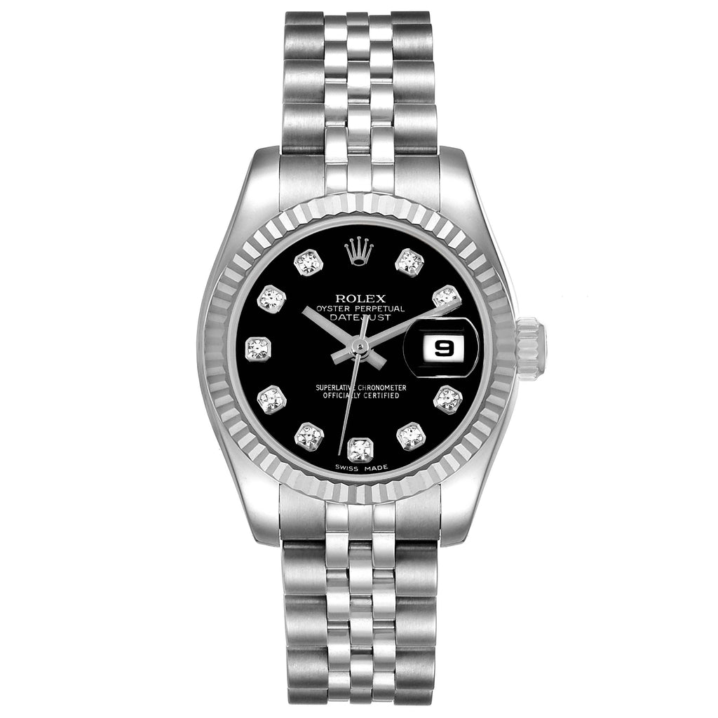 Rolex Datejust White Gold Black Diamond Dial Ladies Watch 179174 2 EXTRA LINKS