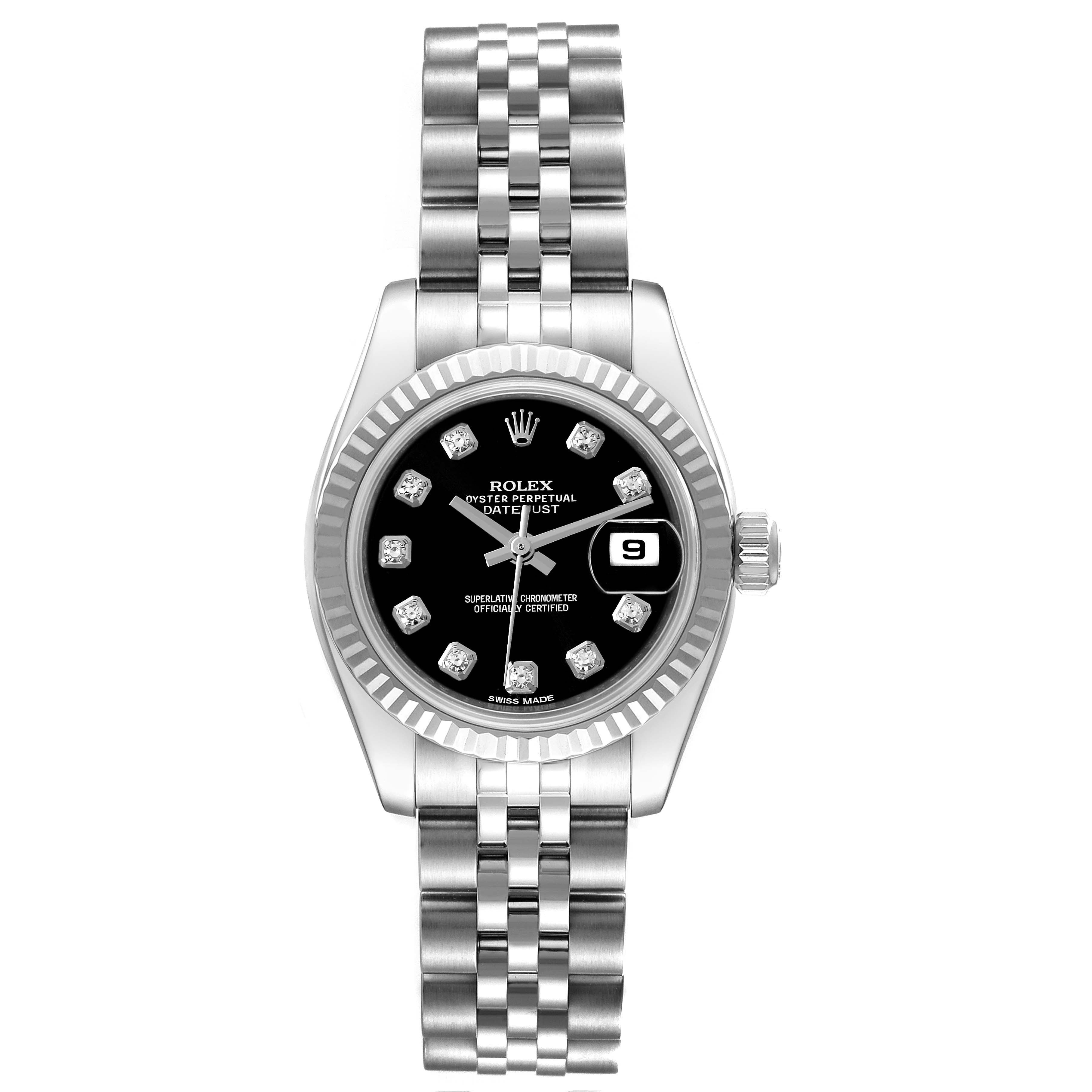 Rolex Datejust White Gold Black Diamond Dial Ladies Watch 179174 Box Card