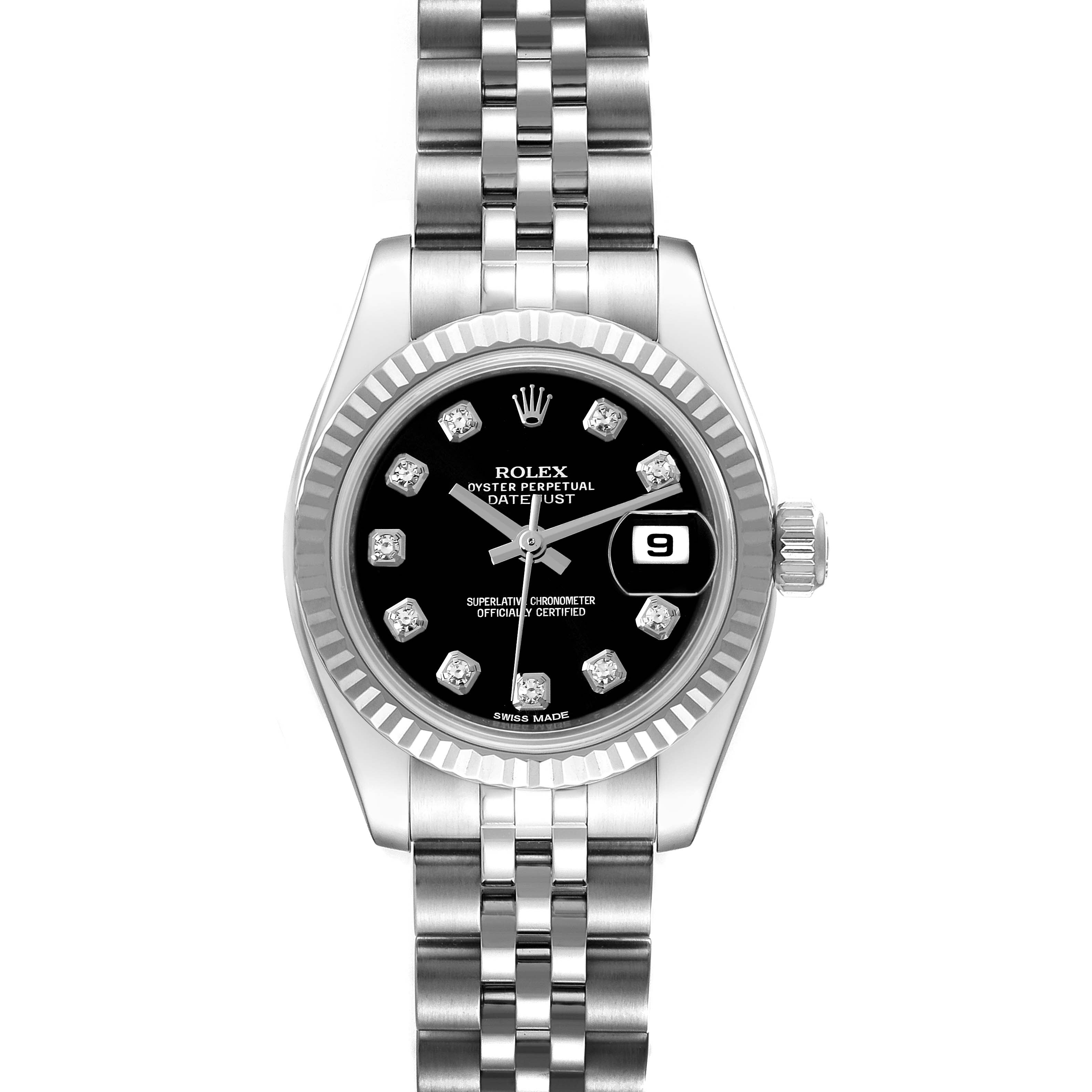 Rolex Datejust White Gold Black Diamond Dial Ladies Watch 179174 Box Card