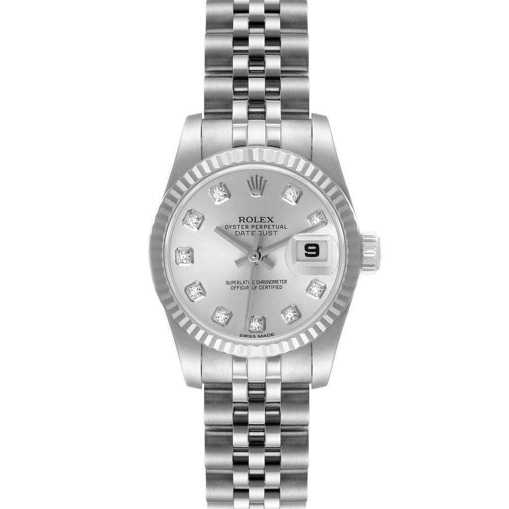 Rolex Datejust White Gold Silver Diamond Dial Ladies Watch 179174 Box Card