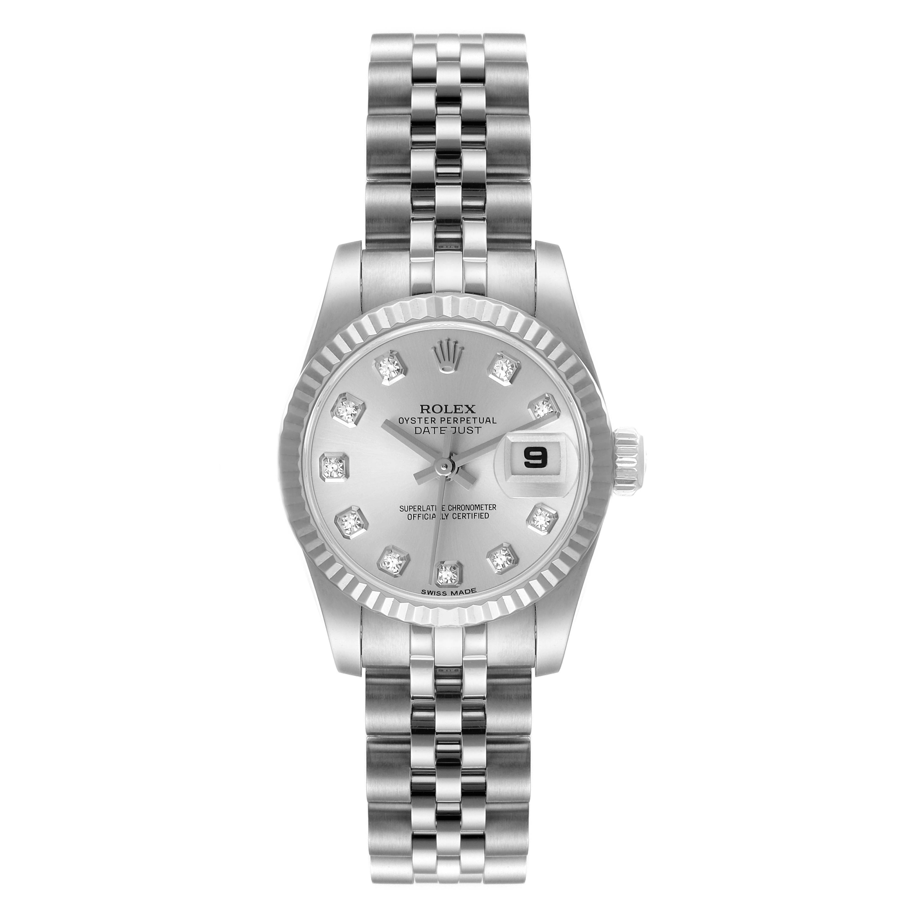 Rolex Datejust White Gold Silver Diamond Dial Ladies Watch 179174 Box Card