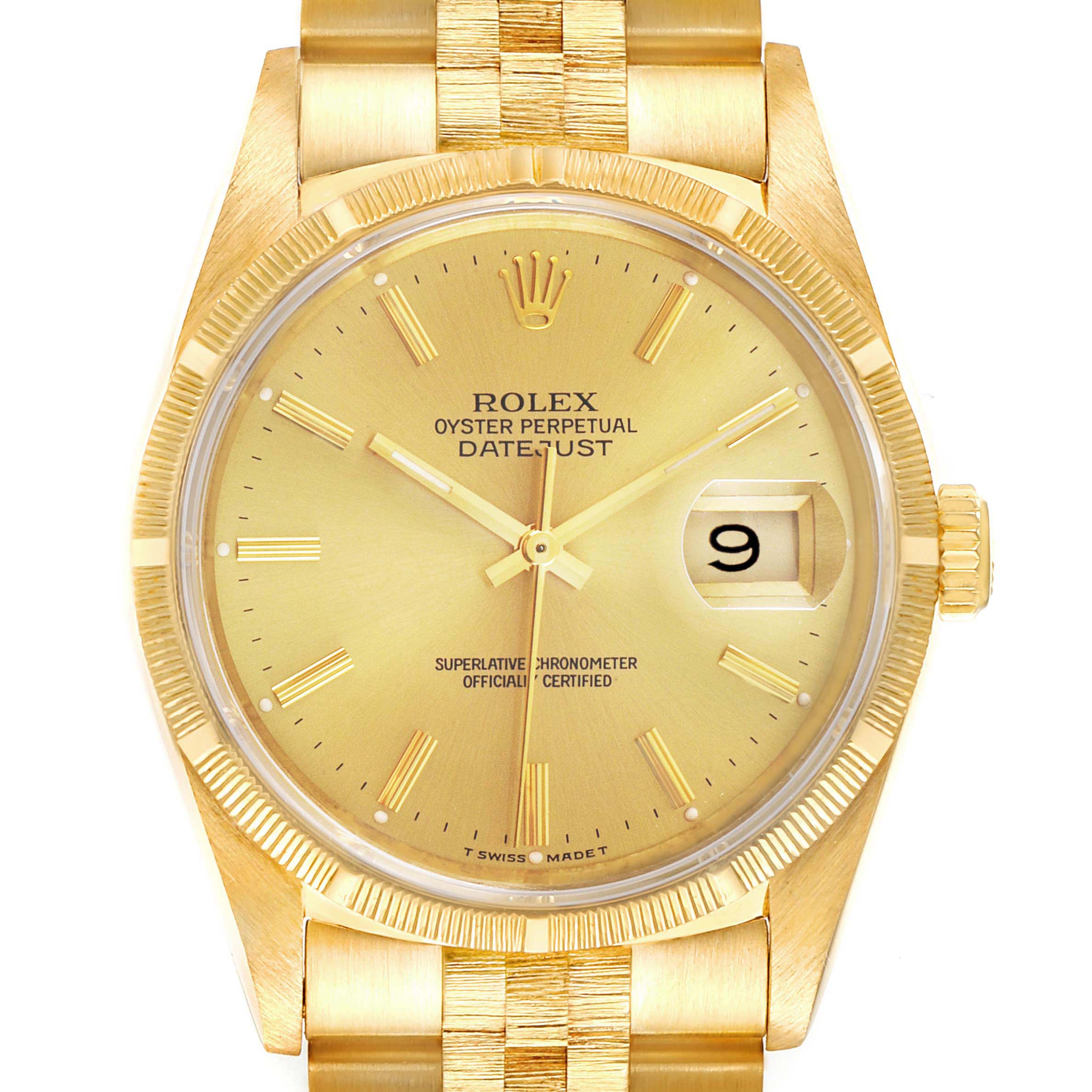 Rolex Datejust Yellow Gold Bark Finish Champagne Dial Mens Watch 16248
