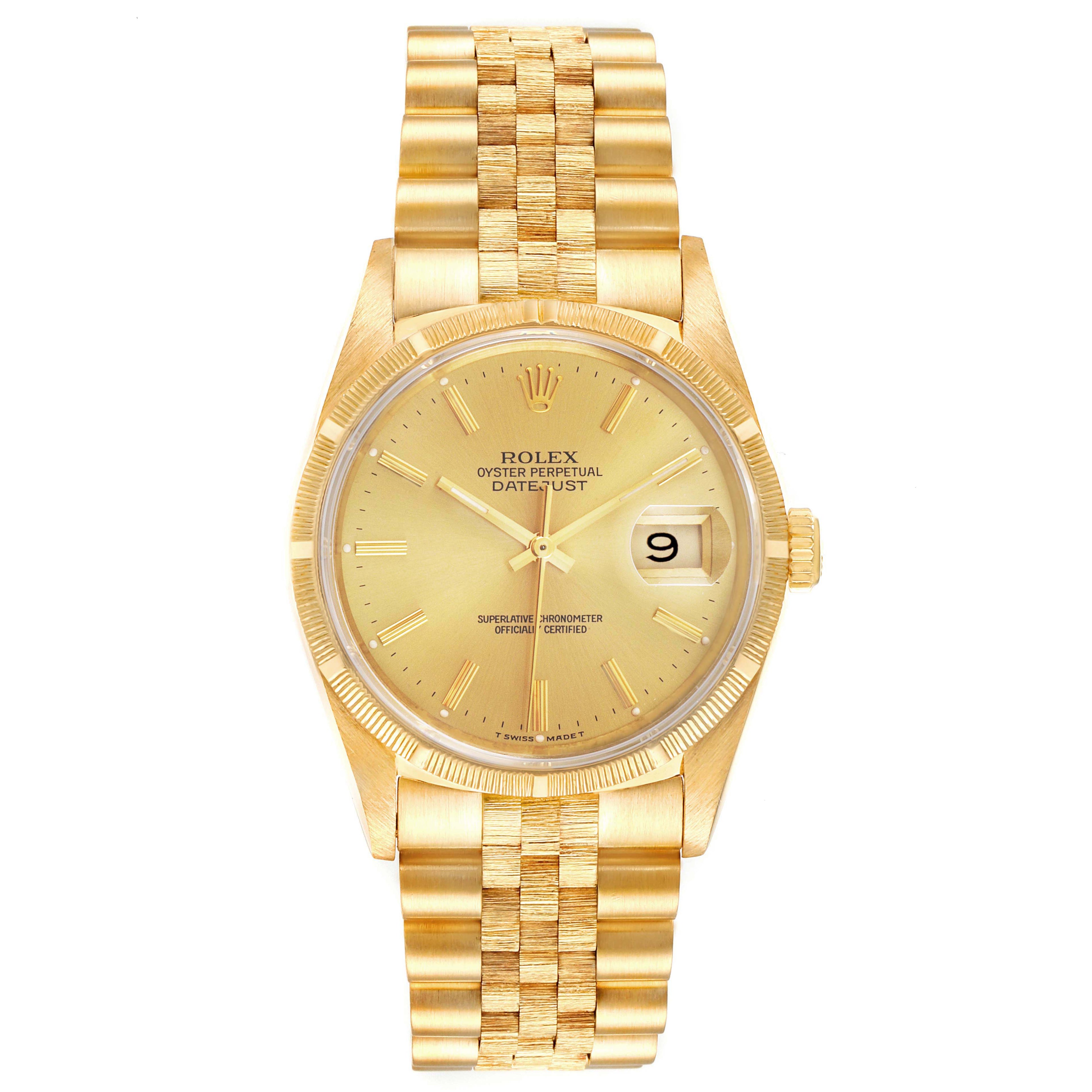 Rolex Datejust Yellow Gold Bark Finish Champagne Dial Mens Watch 16248